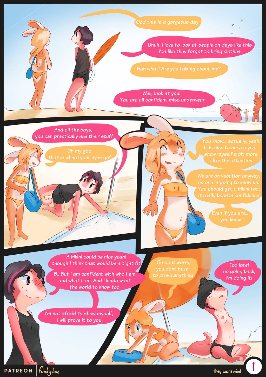 2girls anthro beach duo english_text female female_only funkybun multiple_girls page_1 patreon_username public_nudity reptile rose_(funkybun) salamander small_breasts sophie_(funkybun) they_won't_mind_(funkybun) umbrella undressing