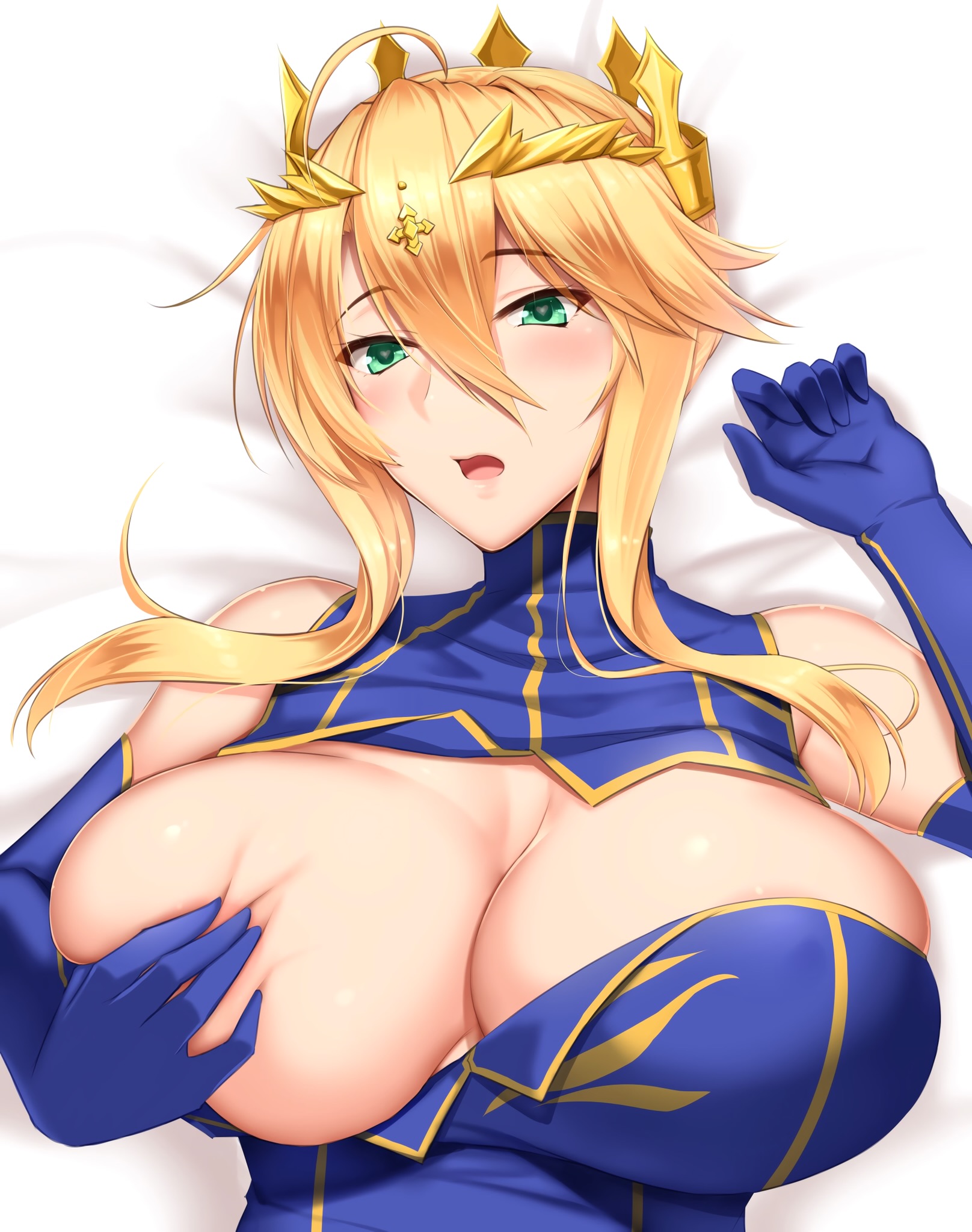 1girls, akitsuki karasu, artoria pendragon, artoria pendragon (lancer), blonde hair, blue gloves, blush, breast press, breasts, crown, elbow gloves, eyebrows visible through hair, fate (series), fate/grand order, female, green eyes, hair between eyes, hand on breast, heart-shaped pupils, laying on bed, looking at viewer, one breast out, open mouth, solo