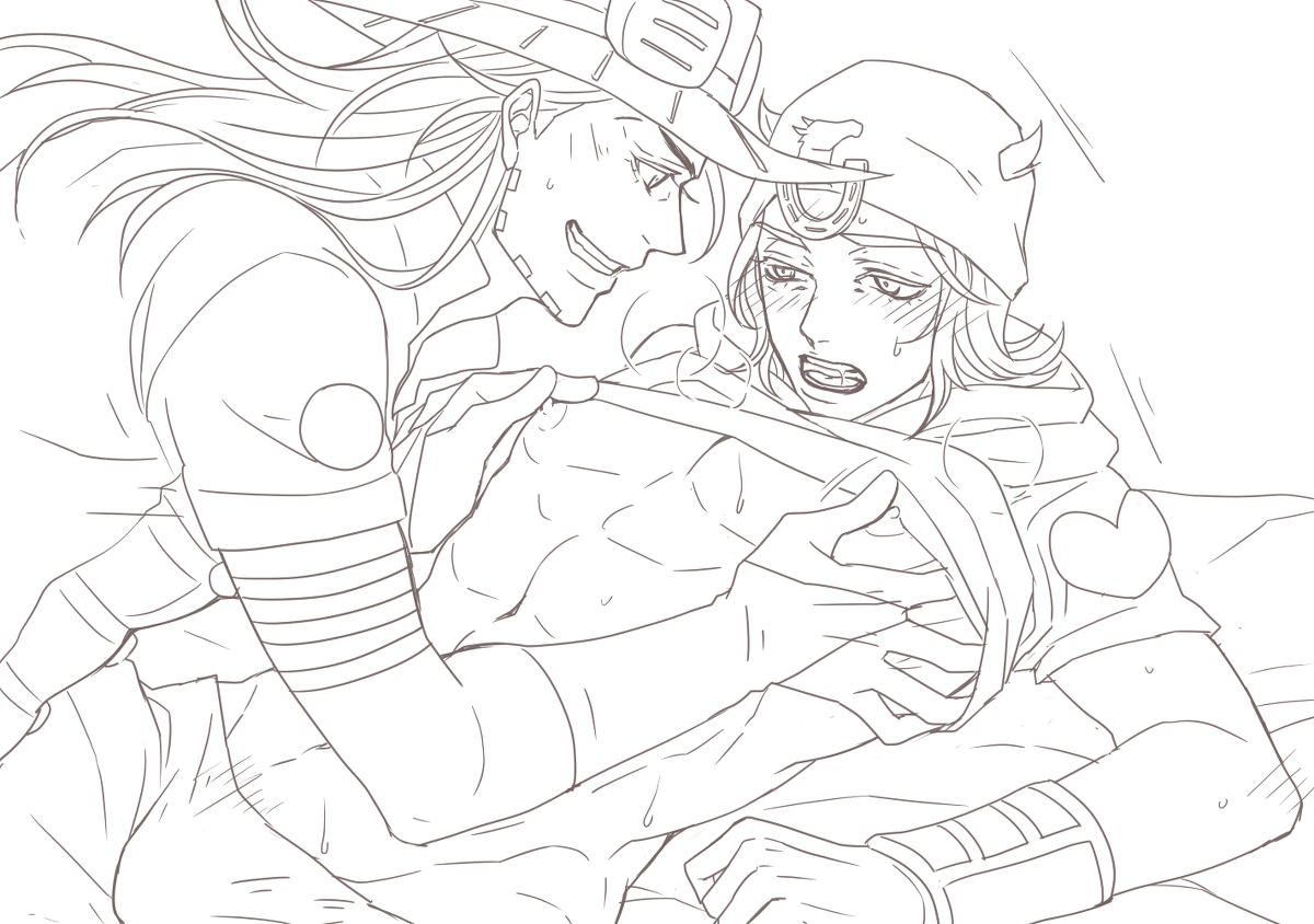 2boys, abs, blush, erect nipples, excited, gay, gyro zeppeli, johnny joestar, jojo's bizarre adventure, laying down, long hair, looking at another, male, male only, muscular, muscular male, nipple pinch, nipple play, nipple tweak, nipples, on bed, partially clothed, saliva, shirt lift, smile, steel ball run, toned, toned male, yaoi