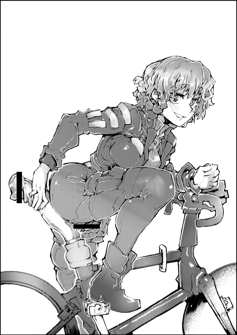 1girls amane_suzuha bicycle bike boots braided_hair dildo dildo_bike dildo_seat female_pervert grayscale grin steins;gate steins;gate_0 tomboy