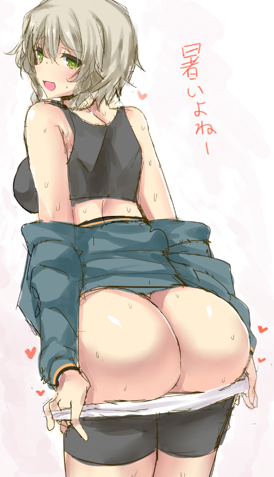 1girls amane_suzuha ass big_butt bike_shorts butt green_eyes heart looking_over_shoulder nlshlyukl panties_pull rihito_akane round_butt spats steins;gate sweat taking_clothes_off track_jacket