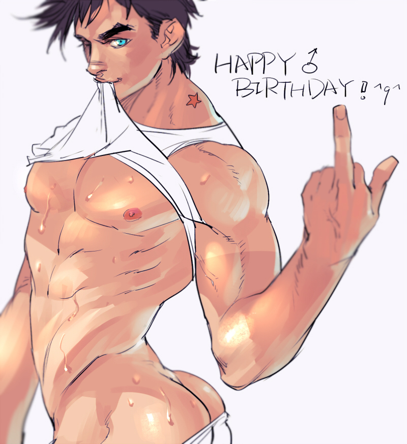 1boy, abs, ass, bara, battle tendency, biceps, birthmark, bubble ass, bubble butt, erect nipples, exposed nipples, joestar birthmark, jojo's bizarre adventure, joseph joestar, looking at viewer, male, male only, middle finger, muscular, muscular male, nipples, out of frame censoring, pants down, pecs, playful, shirt in mouth, shirt lift, smirk, solo, solo male, sweat, sweatdrop, tank top, thick ass, toned, toned male, underwear down, wink, yaoi