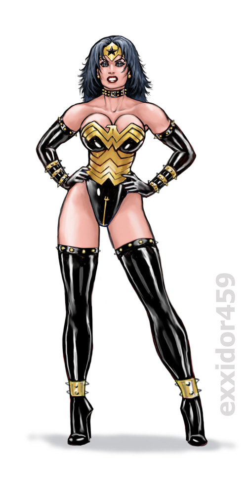 1girls, areola, areolae, boots, breasts, bustier, cleavage, collar, corruption, corset, crotch zipper, dc, dc comics, diana prince, dog collar, exxidor459, female, female only, fetish wear, gold, headband, high heel boots, high heels, latex, latex clothing, latex gloves, lipstick, makeup, medium breasts, shiny clothes, spiked anklet, spiked armlet, spiked bracelet, spiked collar, superheroine, thigh boots, tight clothing, voluptuous, watermark, wonder woman, wonder woman (series)