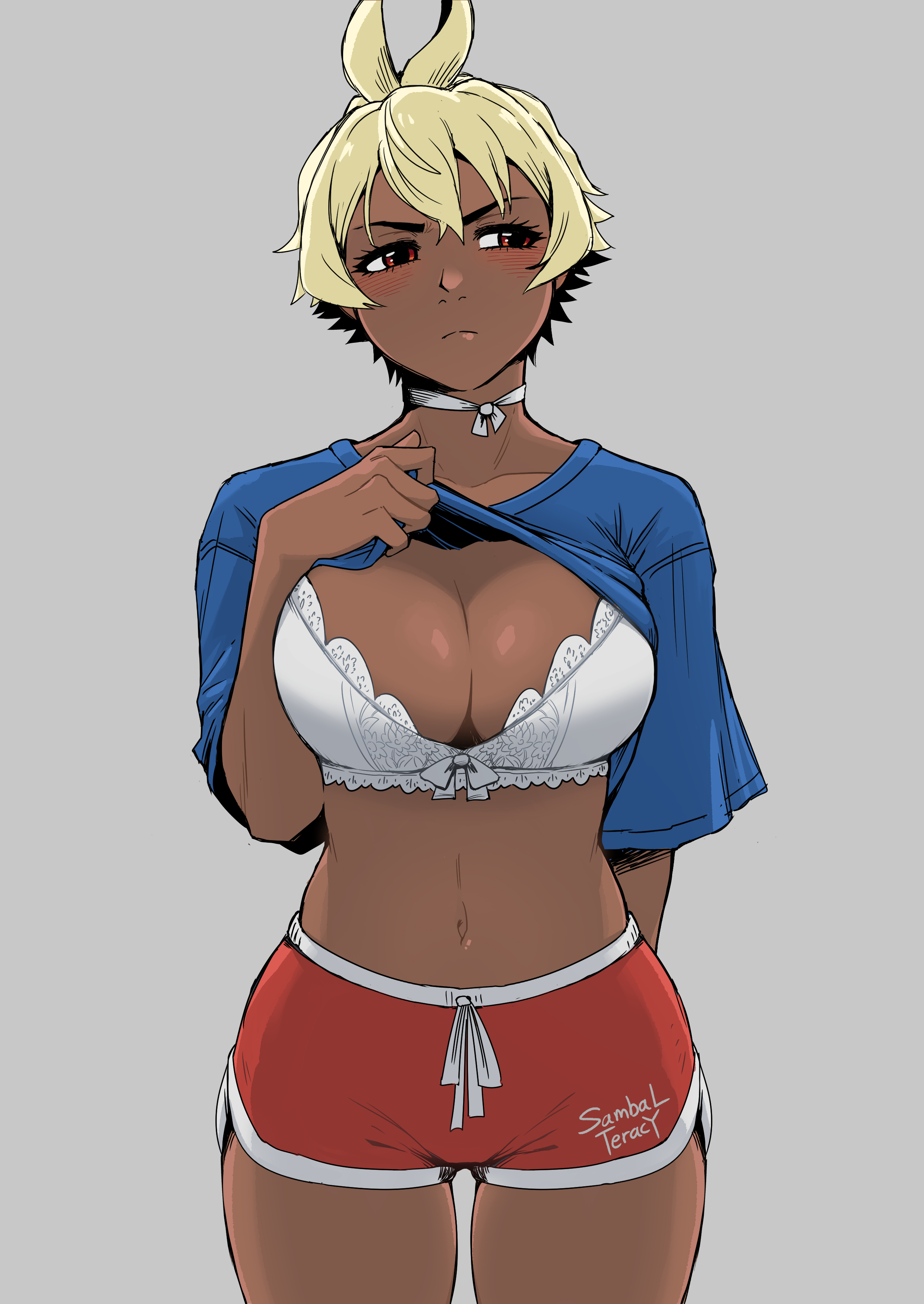 1girls, artist name, artist signature, belly, big breasts, blonde hair, blush, breasts, collar, dark skin, dark-skinned female, female, female only, hair between eyes, large breasts, looking away, oppai, original, original character, original characters, ribbon, saki (sambalteracy), sambalteracy, shirt, shirt lift, short hair, shorts, shy, simple background, solo, solo female, solo focus, standing, stomach, thick thighs, thighs, tomboy, two-tone hair, very short hair, white background
