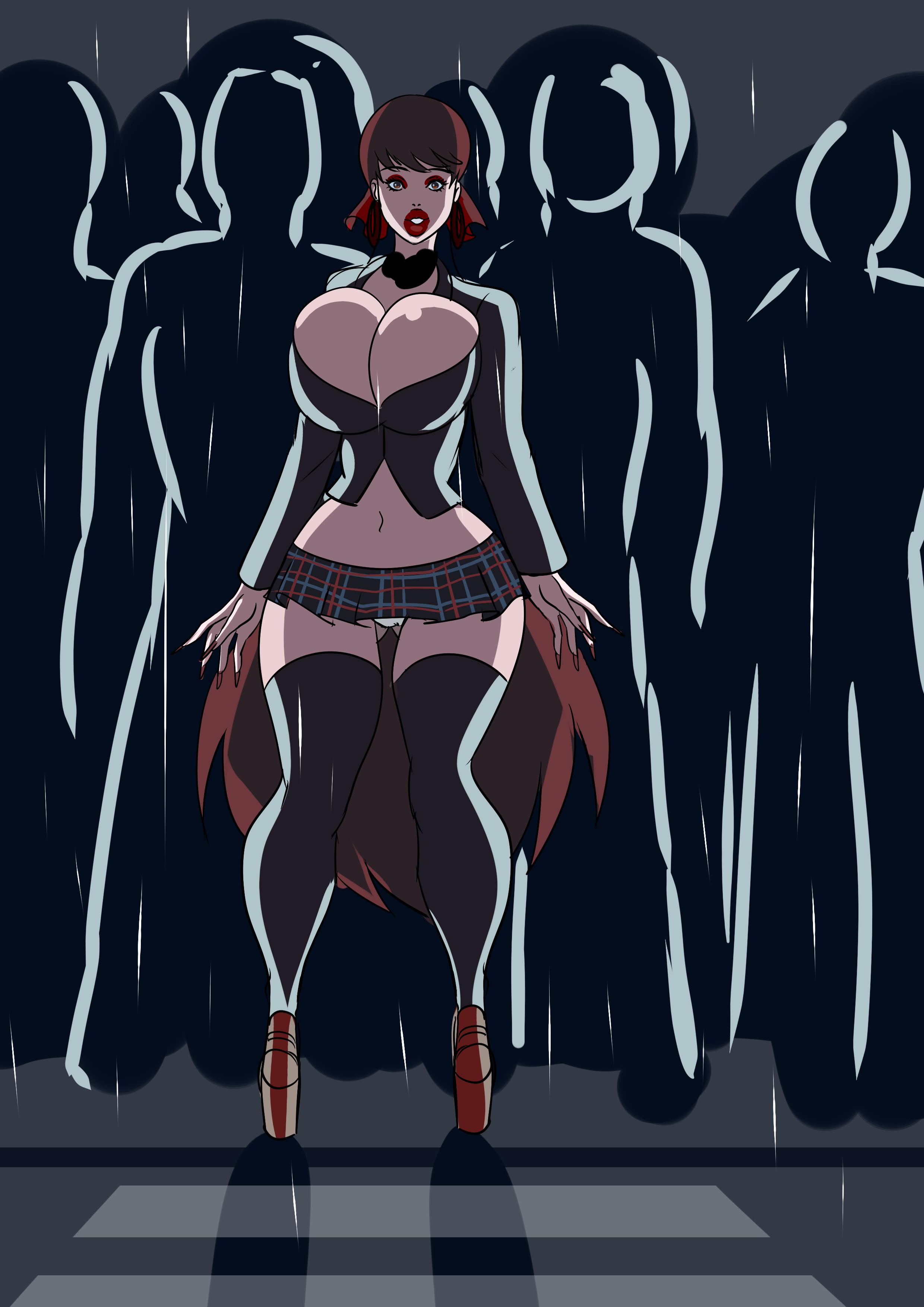 annon, ass, big ass, big breasts, bimbo, bimbofication, brain drain, breasts, brown hair, crowd, exposed panties, female, high heels, hoop earrings, kasumi yoshizawa, lipstick, long fingernails, persona, persona 5, persona 5 royal, public, rain, red eyes, red lipstick, sumire yoshizawa, thick lips, thick thighs, thighhighs, very long hair