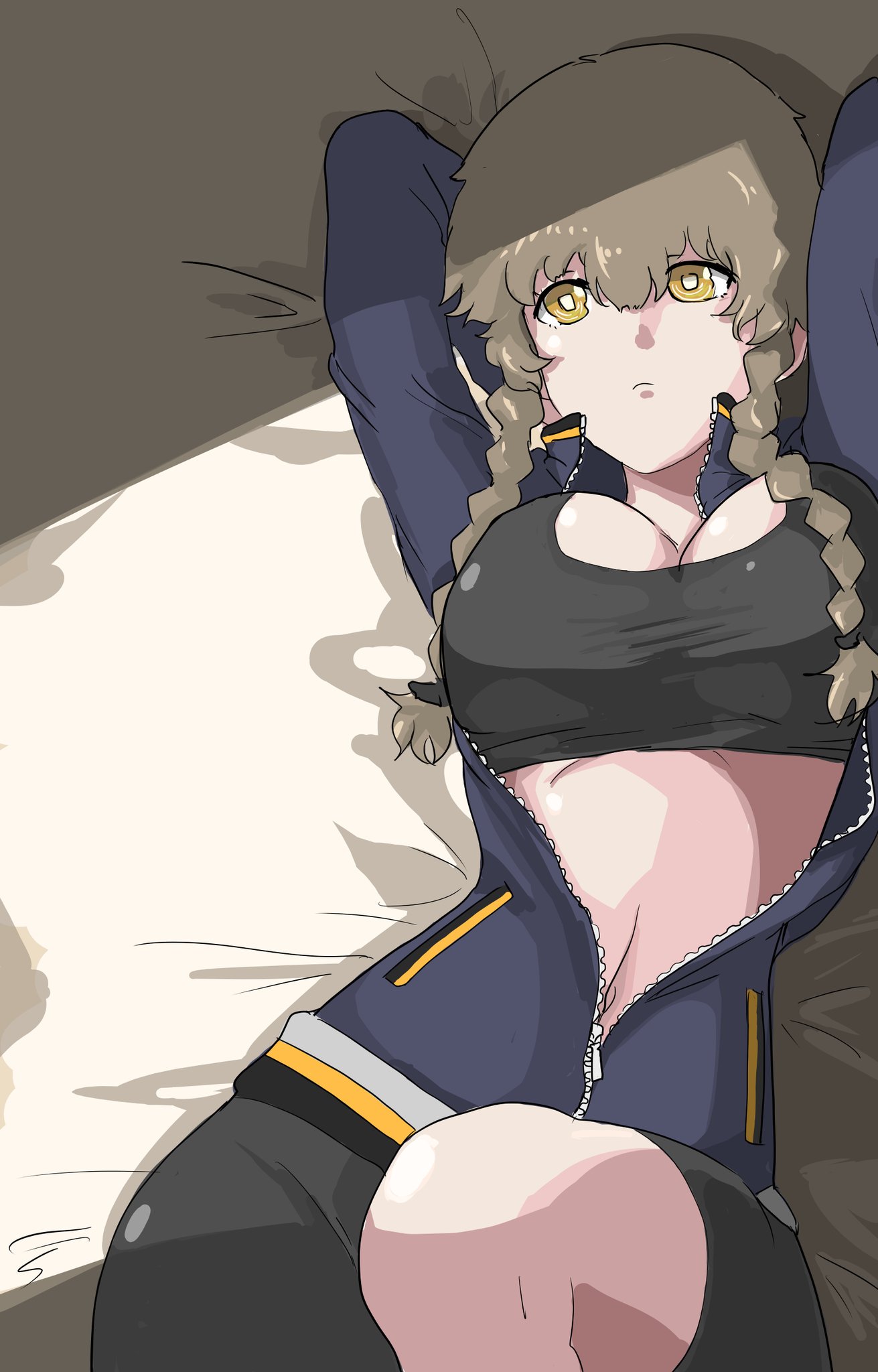 1girls, amane suzuha, bike shorts, breasts, brown hair, female, female only, human, human only, large breasts, lying on bed, solo, solo female, spats, sports bra, steins;gate, track jacket, twin braids, unzipped jacket, yellow eyes