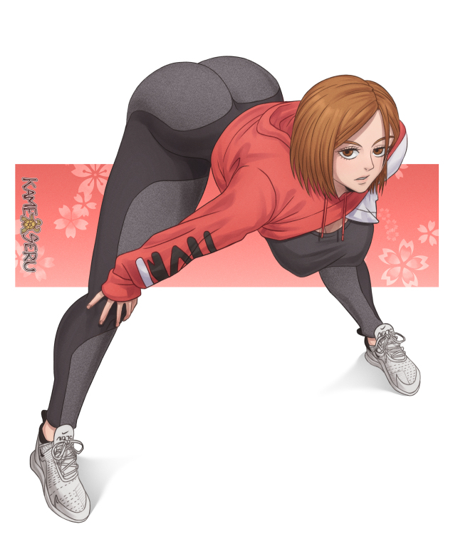 1girls bent_over big_breasts bob_cut female female_focus female_only fully_clothed jujutsu_kaisen kameseru kugisaki_nobara looking_at_viewer short_hair simple_background slq solo white_background yoga_pants