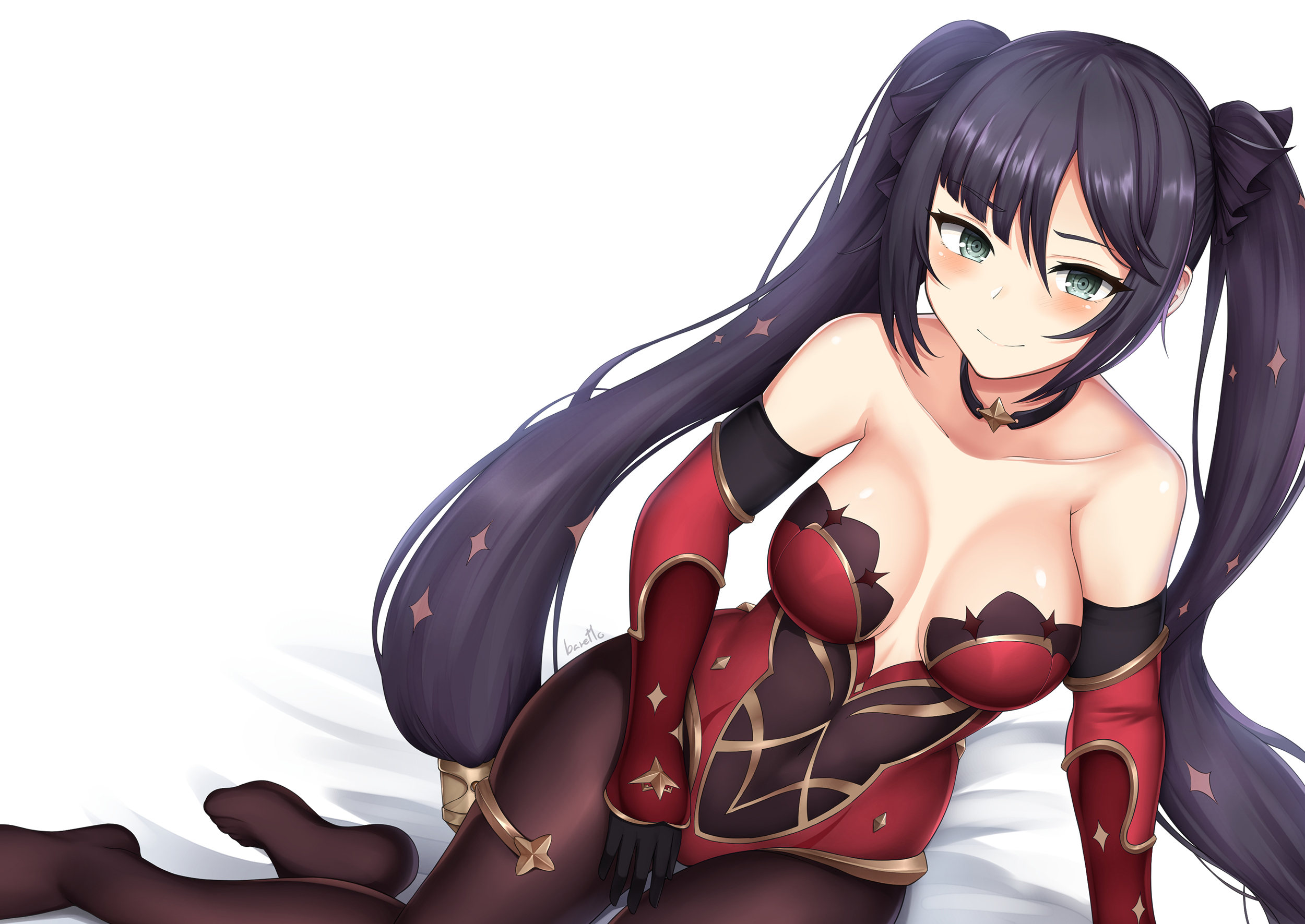 1girls, bare shoulders, barettoarts, black gloves, black hair, blue eyes, blush, breasts, elbow gloves, feet, female, genshin impact, gloves, gold trim, hair ornament, highres, leotard, long hair, long sleeves, looking at viewer, mona (genshin impact), no shoes, purple leotard, simple background, sitting, smile, solo, thighlet, thighs, twintails, white background, white skin