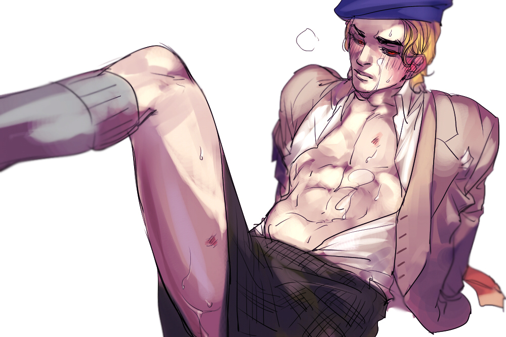 1boy abs arms_behind_back arms_tied beret blonde_hair blush bruise crossdressing cum_on_body cum_on_face dio_brando embarrassed emg_(christain) facial gay jojo's_bizarre_adventure kilt kneehighs laying_down looking_away male male_only one_leg_up open_shirt partially_clothed phantom_blood plaid plaid_skirt red_eyes restrained scratches skirt_lift solo_male toned toned_male yaoi