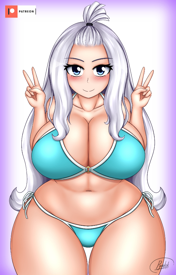 1girls, abs, alternate breast size, big breasts, bikini, bikini bottom, bikini top, blue bikini, blue eyes, blue panties, blue swimsuit, blush, breasts, busty, cleavage, curvaceous, curvy, curvy figure, fairy tail, female, female only, g-string, large breasts, legs, light skin, light-skinned female, looking at viewer, mirajane strauss, pale skin, pale-skinned female, peace sign, ponytail, pose, posing, pyr0alter, smile, smiling, solo, swimsuit, thick thighs, thighs, thong, tied hair, voluptuous, white hair, white-haired female, wide hips