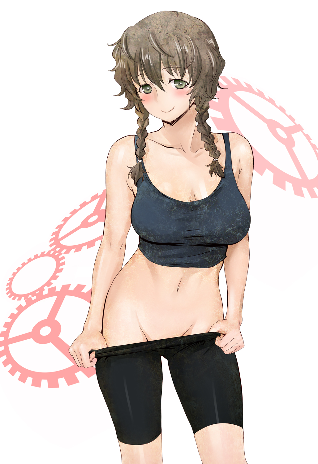 1girls, amane suzuha, bike shorts, blush, braided hair, brown hair, female, fluffy hair, midriff, mound of venus, pulling down shorts, smile, solo female, spats, steins;gate, twin braids, workout clothes