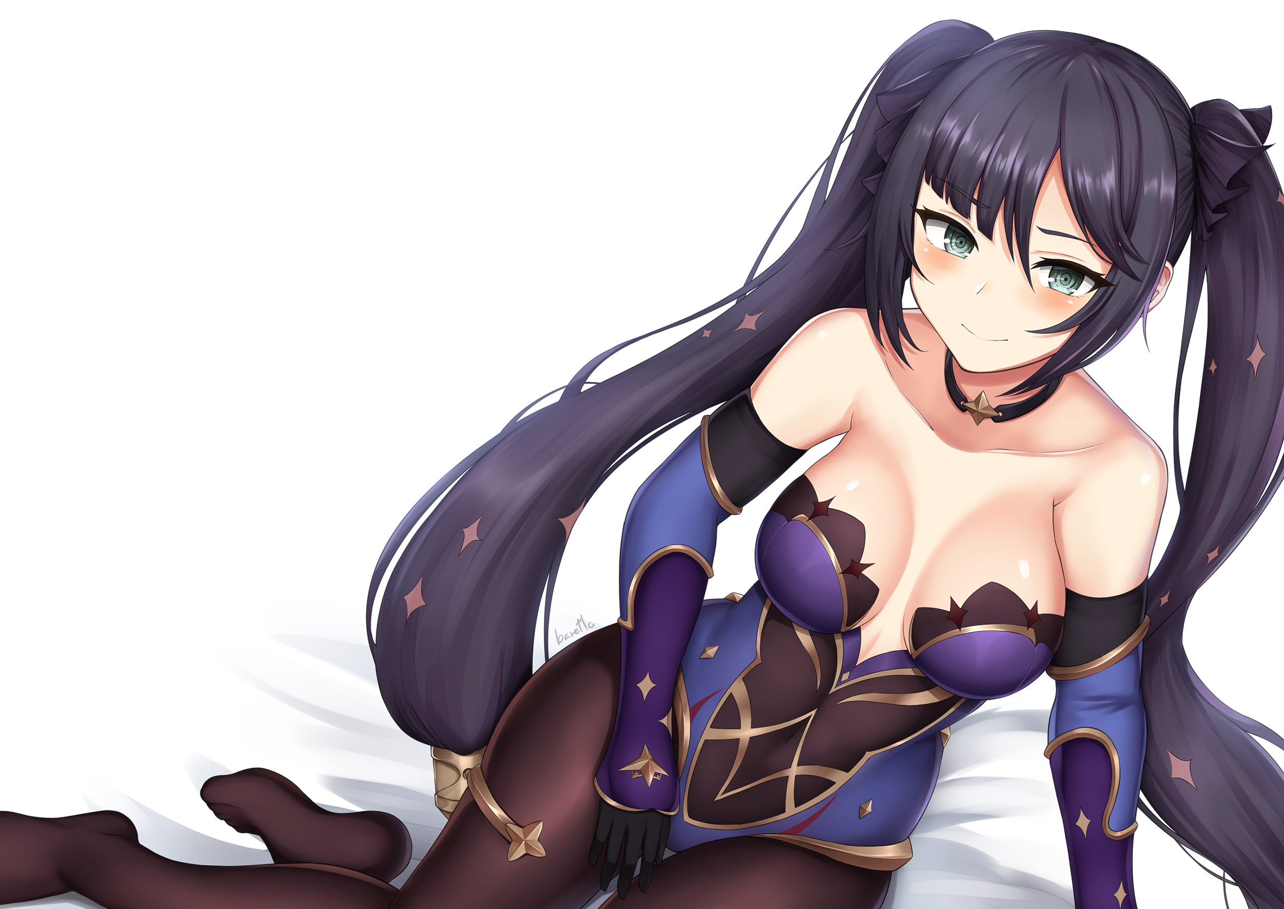 1girls, bare shoulders, barettoarts, black gloves, black hair, blue eyes, blush, breasts, elbow gloves, feet, female, genshin impact, gloves, gold trim, hair ornament, highres, leotard, long hair, long sleeves, looking at viewer, mona (genshin impact), no shoes, purple leotard, simple background, sitting, smile, solo, thighlet, thighs, twintails, white background, white skin