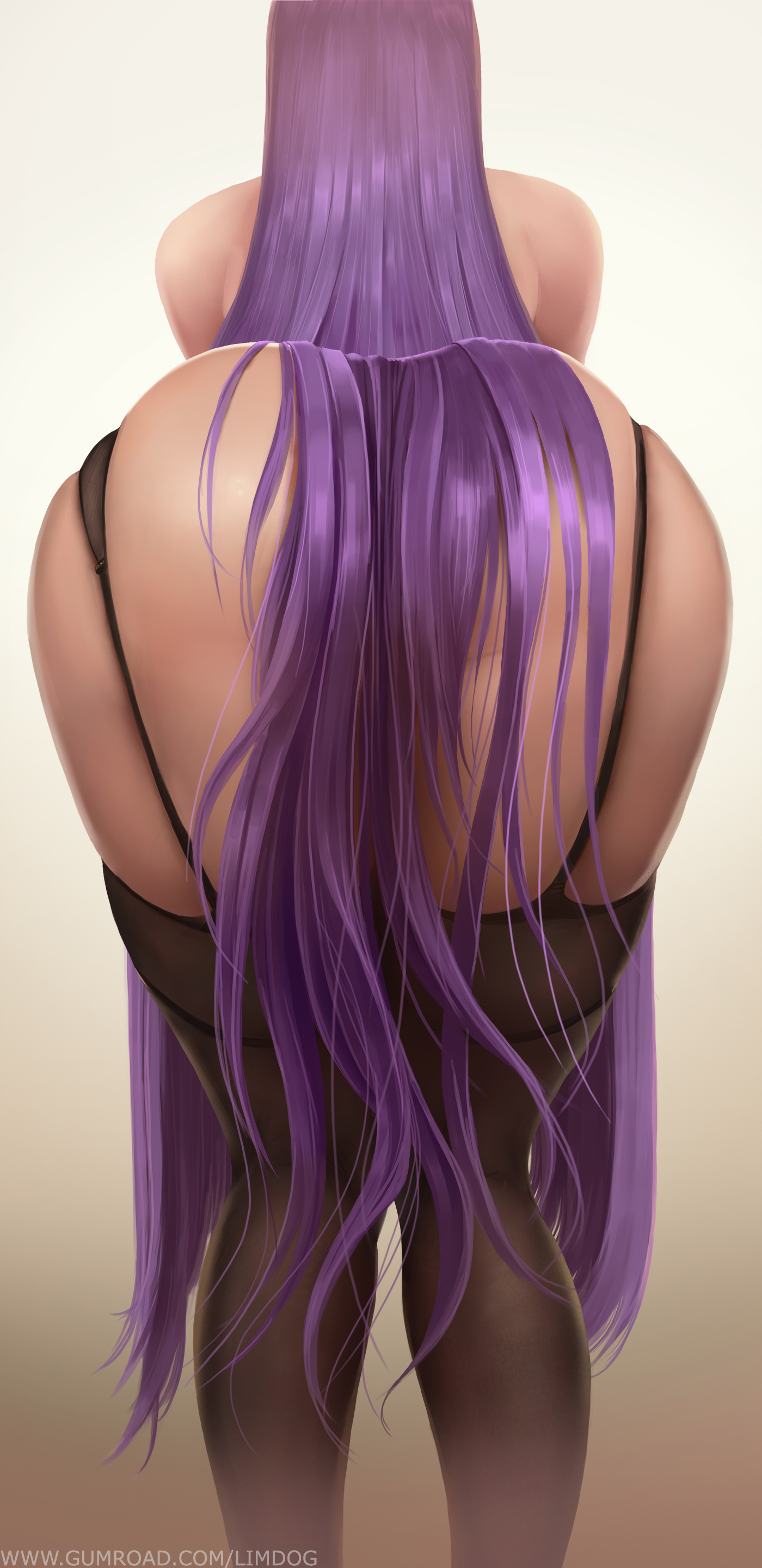 1girls, absurdres, artist name, ass, back, black legwear, brown background, censored, convenient censoring, fate (series), fate/stay night, female, gradient background, hair censor, high resolution, highres, limgae, long hair, medusa (fate), no panties, purple hair, standing, thighhighs, url