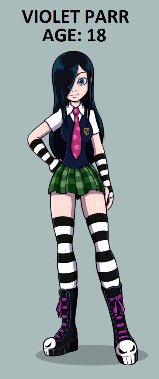 1girls, black hair, blue eyes, boots, clothing, disney, female, female only, fully clothed, garabatoz, goth, green skirt, hair over one eye, miniskirt, not furry, pixar, platform boots, pleated skirt, safe, skirt, solo, stockings, straight hair, striped legwear, the incredibles, thighhighs, thighs, violet parr