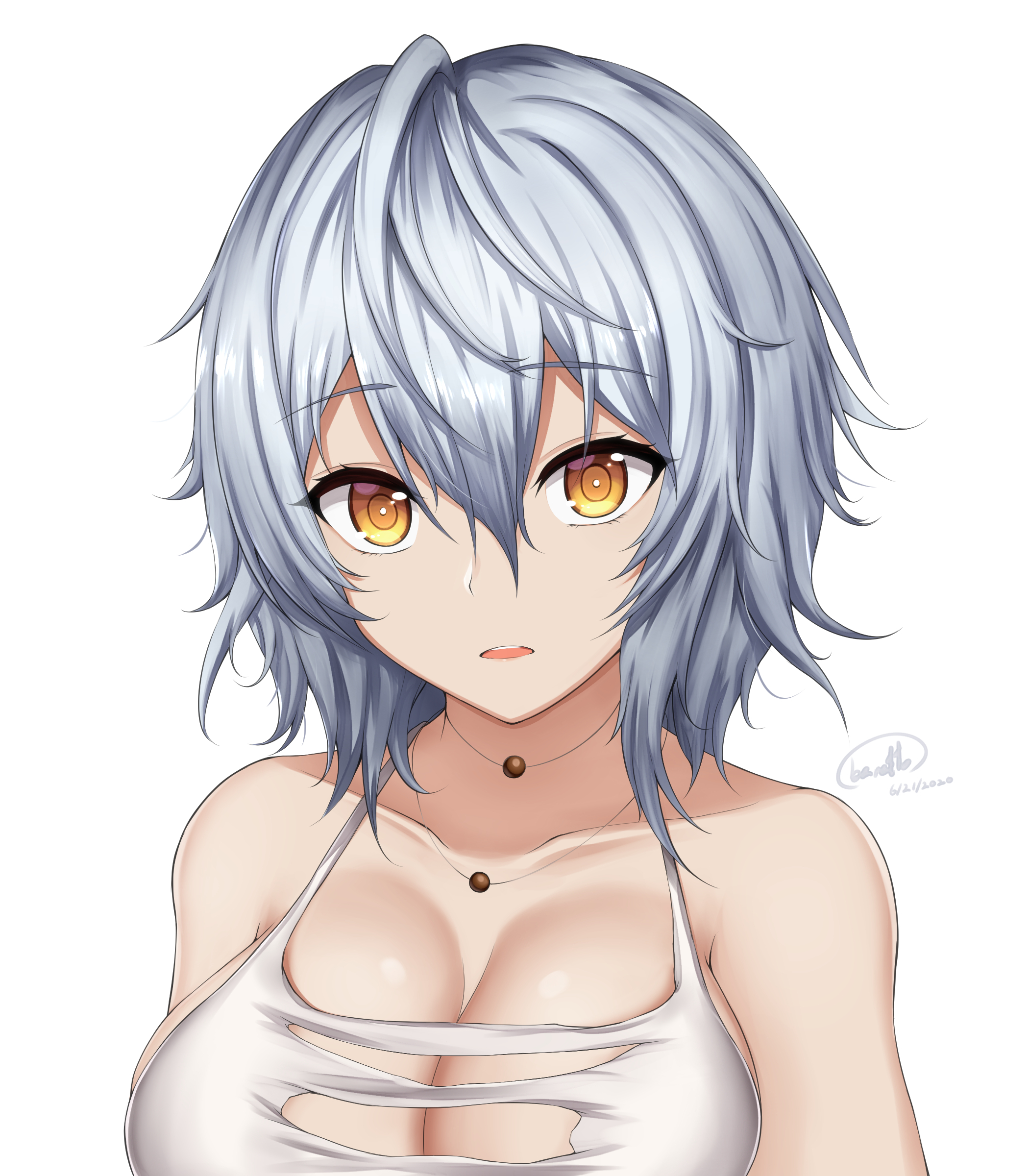1girls, bare shoulders, barettoarts, breasts, cleavage, code vein, female, female focus, female only, hair between eyes, highres, io (code vein), large breasts, looking at viewer, necklace, open clothes, open mouth, short hair, simple background, solo, upper body, white background, white hair, white skin, yellow eyes