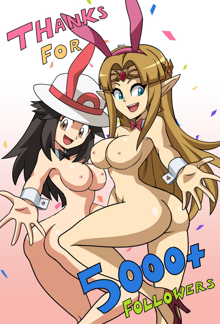 2girls a_link_between_worlds ass blonde_hair blue_eyes bowtie breasts brown_eyes bunny_ears crossover edit female female_only grey_hair hat high_heels leaf_(pokemon) light-skinned_female light_skin lipstick long_hair mergeritter multiple_girls naked nintendo nude pointy_ears pokemon pokemon_frlg princess_zelda the_legend_of_zelda zelda_(a_link_between_worlds)