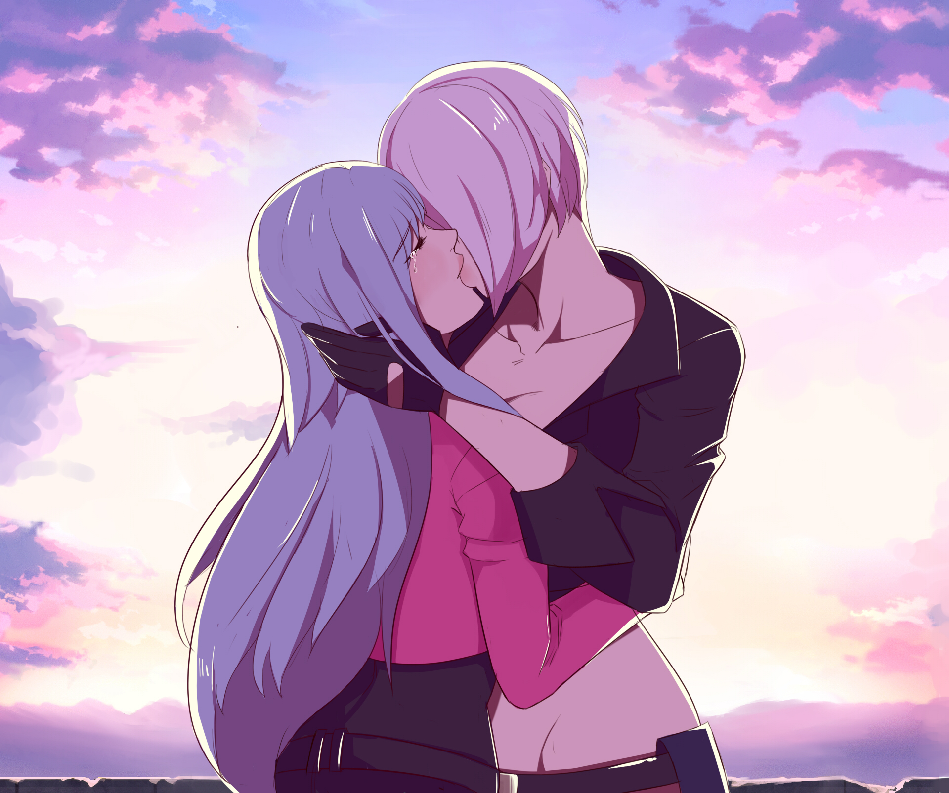 2girls, angel (kof), belt, blue hair, bob cut, charlyarts10 (artist), closed eyes, crop top, crying, embrace, female, female focus, female only, female/female, french kiss, gloves, king of fighters, kissing, kula diamond, latina, lesbian kiss, lesbians, long hair, mexican, mexican female, midriff, passionate, romantic, short hair, silver hair, snk, wholesome, yuri