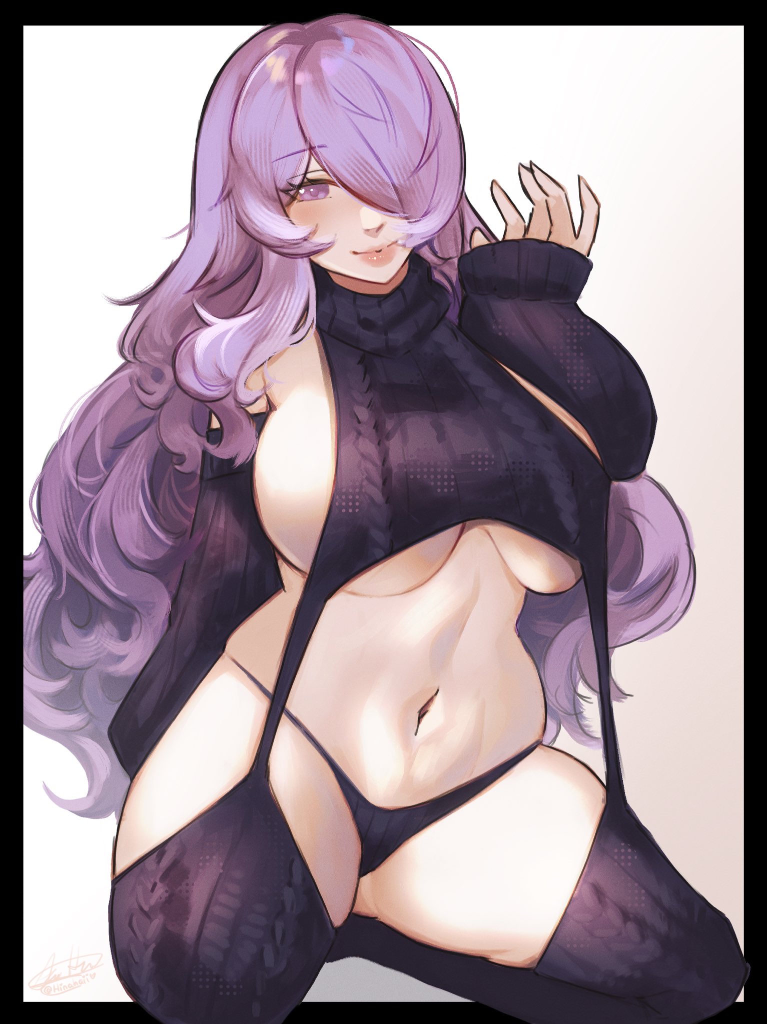 1girls, bare shoulders, black panties, blush, breasts, camilla (fire emblem), female, female only, fire emblem, fire emblem fates, hair over one eye, highres, hinahaii, large breasts, long hair, looking at viewer, meme attire, navel, nintendo, panties, purple eyes, purple hair, ribbed sweater, sideboob, smile, solo, stomach, sweater, turtleneck, turtleneck sweater, underboob, underwear, very long hair, virgin destroyer sweater, virgin killer sweater, wavy hair