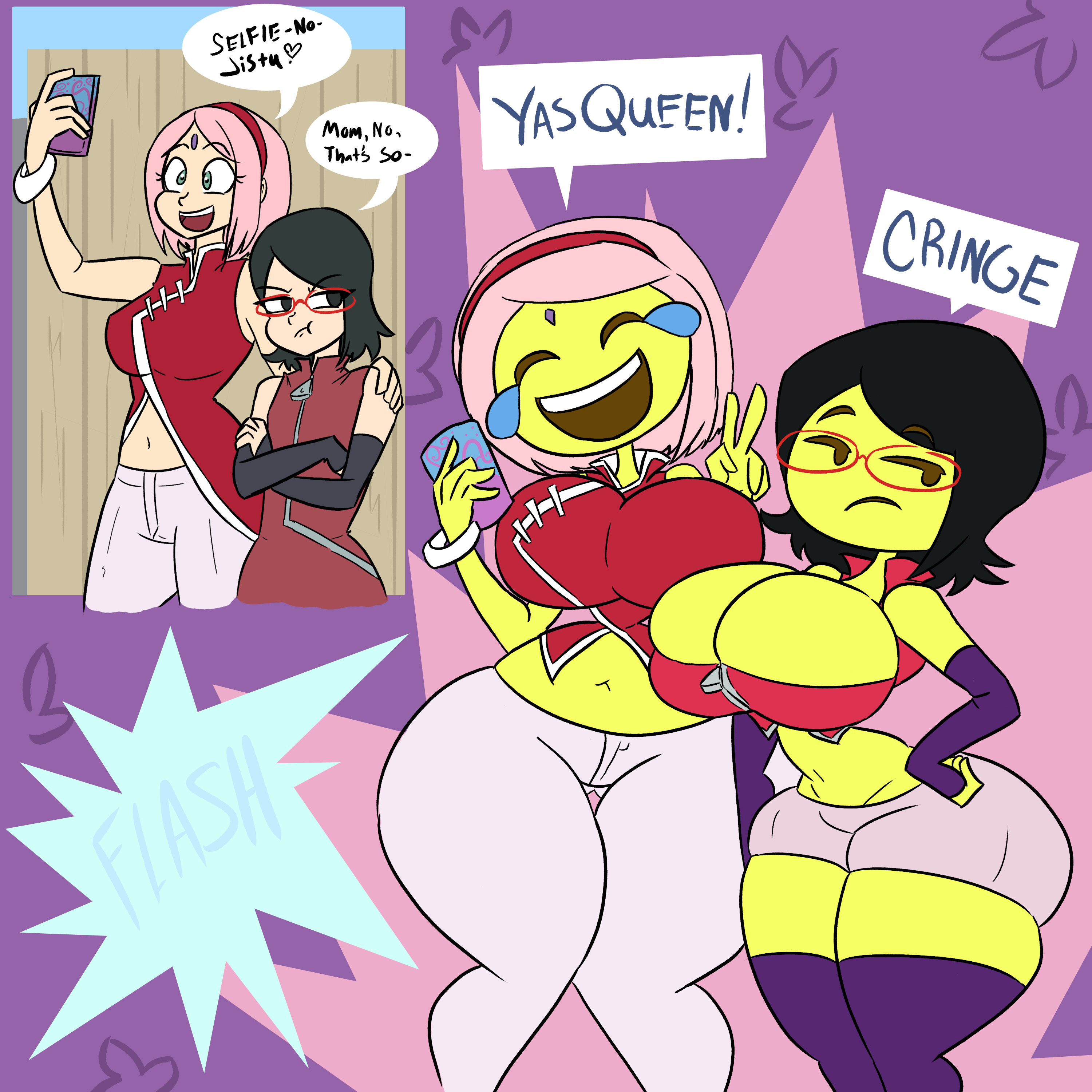 1:1, 2girls, alternate breast size, ass, bad id, big ass, big breasts, black hair, boruto: naruto next generations, breasts, da-fuze, dead source, emoji, emoji (race), emojification, female, female only, glasses, green eyes, hairband, hourglass figure, huge ass, huge breasts, large ass, large breasts, milf, mother and daughter, multiple females, multiple girls, naruto, naruto (series), phone, pink hair, red hairband, sakura haruno, sarada uchiha, selfie, short hair, thick thighs, transformation, wide hips