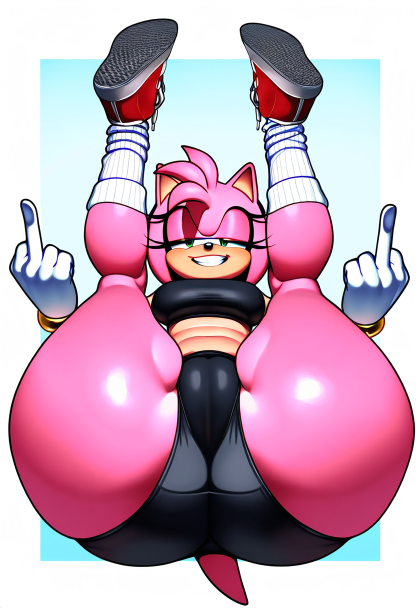 ai_generated amy_rose anthro ass ass_focus big_ass big_butt black_panties camel_toe eulipotyphlan female female_only flipping_off flipping_the_bird flipping_viewer_off fur furry green_eyes grin hedgehog laying_on_back legs_apart legs_over_head legs_up mammal middle_finger novelai pink_body pink_fur pink_hair sega short_hair sneakers socks sonic_(series) sonic_the_hedgehog_(series) spandex sports_bra visible_pussy white_background