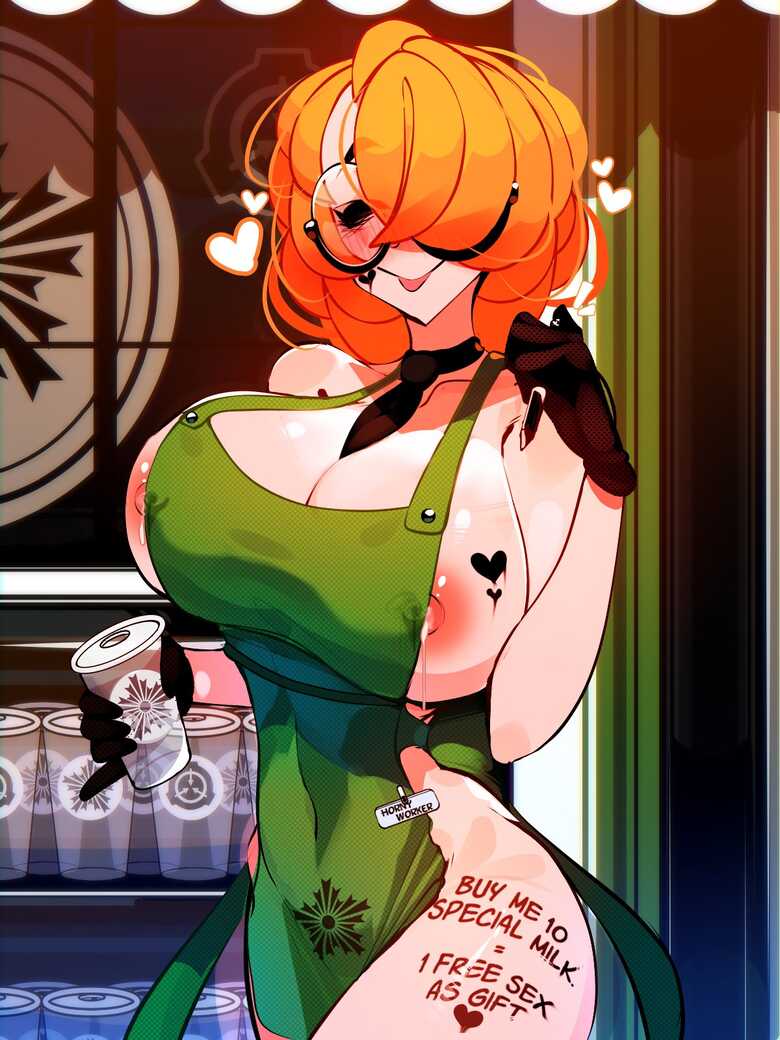 apron barista big_breasts body_writing breasts glasses heart_symbol keiko_(sachiko2s) lactation leaking_milk no_bra no_panties no_underwear orange_hair sachiko thighs