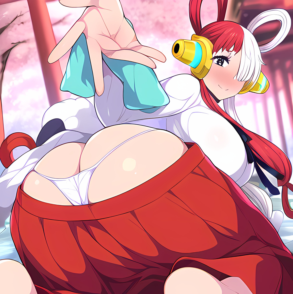 ai_generated aivillage big_ass big_breasts female female_only headphones huge_ass japanese_clothes multicolored_hair one_piece one_piece_film_red panties shounen_jump shrine_maiden uta_(one_piece)