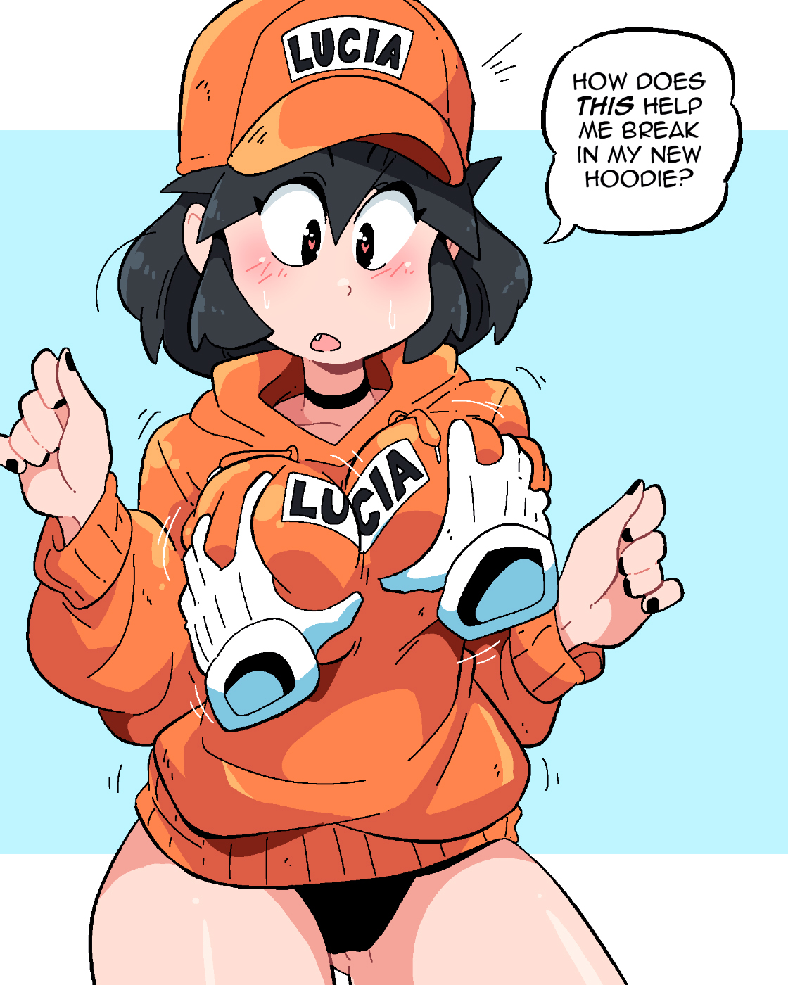 1girls, big breasts, breast grab, breasts, female, groping breasts, hoodie, lucia (scott malin), original, original character, panties, scott malin