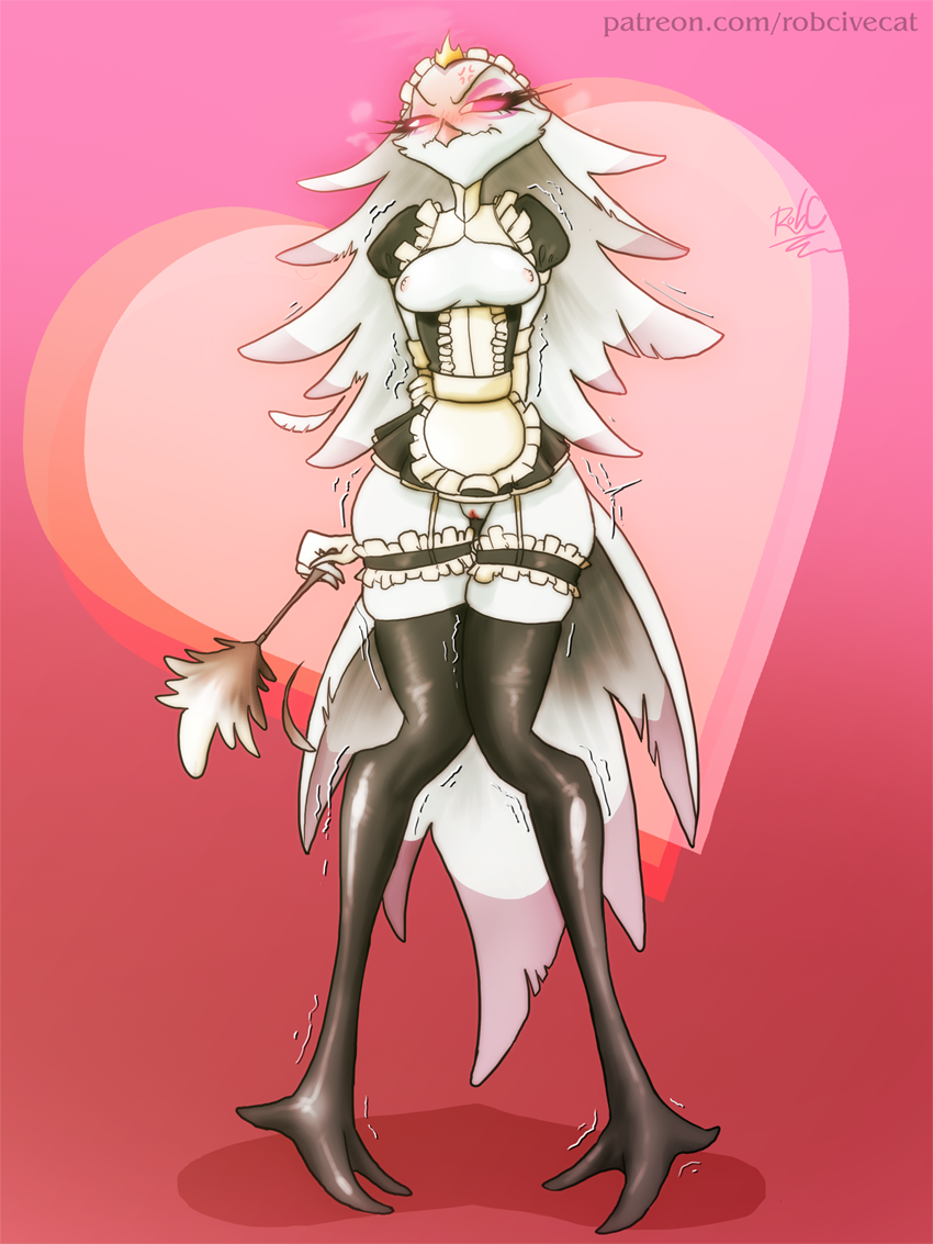 2023 anthro avian avian_demon bird blush breasts cleaning_tool clothed clothing demon embarrassed feather_duster feathers female genitals hair helluva_boss maid maid_uniform nipple_outline no_underwear pussy robcivecat solo stella_(helluva_boss) text uniform url white_body white_feathers white_hair