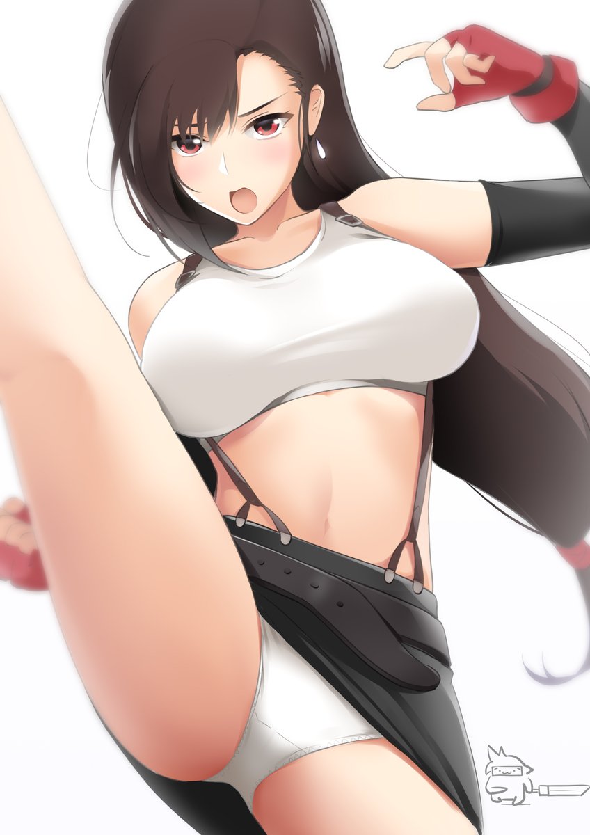 1girls big_breasts black_skirt female_only final_fantasy final_fantasy_vii mocchisake panties skirt spread_legs tifa_lockhart white_panties white_shirt