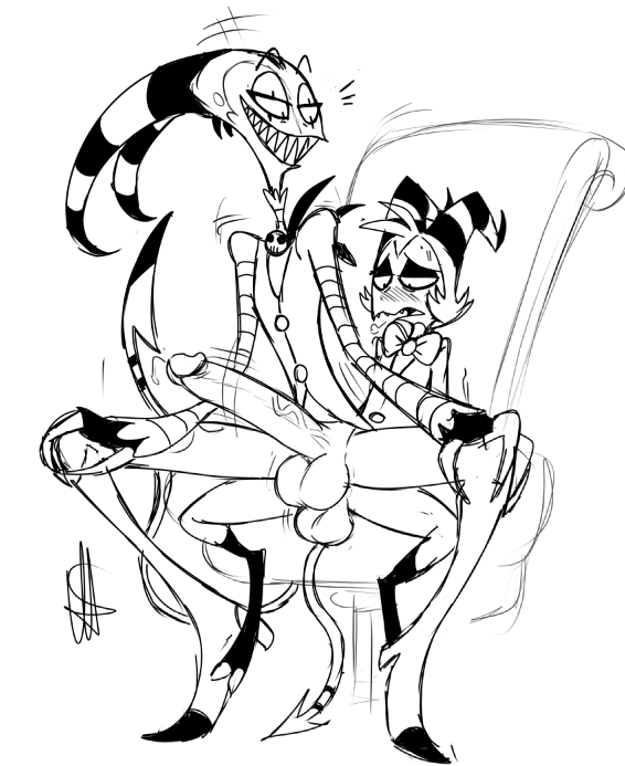 2boys, anal, anal sex, balls, big penis, blitzo (helluva boss), bloxxie, blush, chair, demon, duo, erection, furniture, g-h-, genitals, ghastlygh, grin, hand on knee, hand on leg, helluva boss, horn, huge cock, imp, male, male penetrated, male penetrating, male penetrating male, monochrome, moxxie (helluva boss), penetration, penis, sharp teeth, simple background, smile, spade tail, teeth, vivienne medrano, yaoi