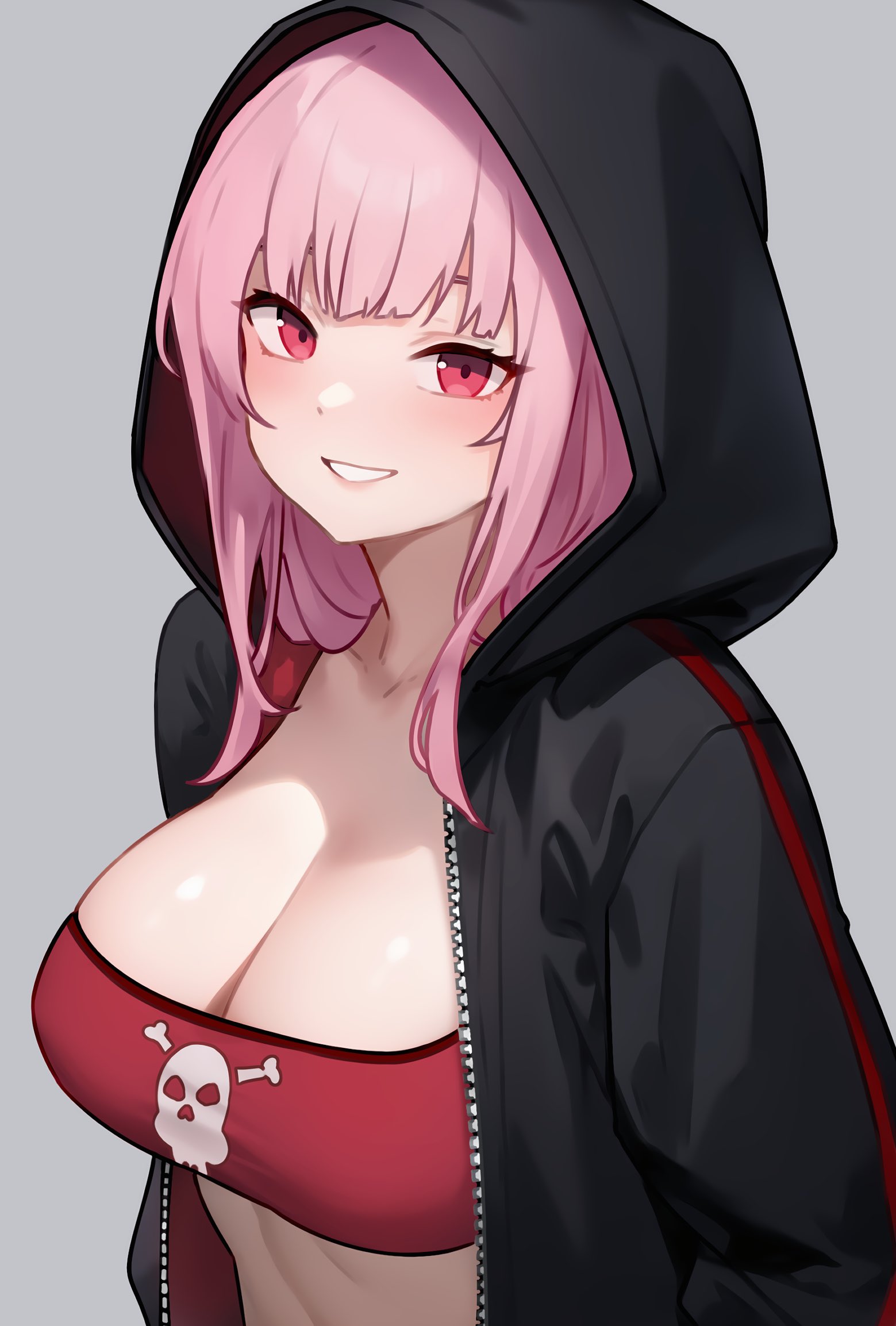 1girls, bluefield, breasts, cleavage, crop top, female, hololive, hololive english, hololive myth, hood, huge breasts, light skin, light-skinned female, long hair, mori calliope, pink eyes, pink hair, virtual youtuber