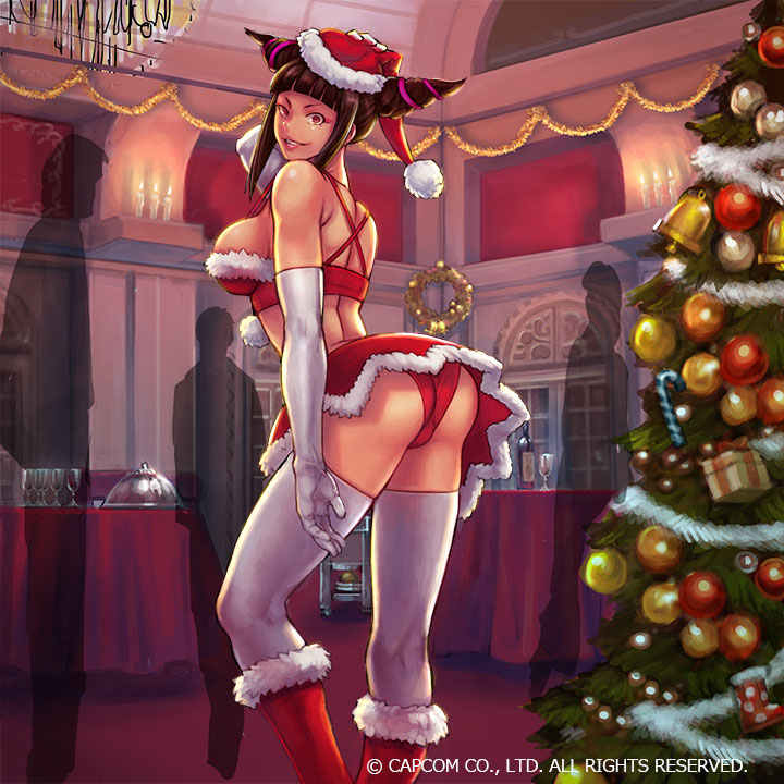 ass, big ass, big breasts, breasts, capcom, christmas, christmas outfit, female, juri han, looking at viewer, official art, skimpy, street fighter, street fighter 6, tagme