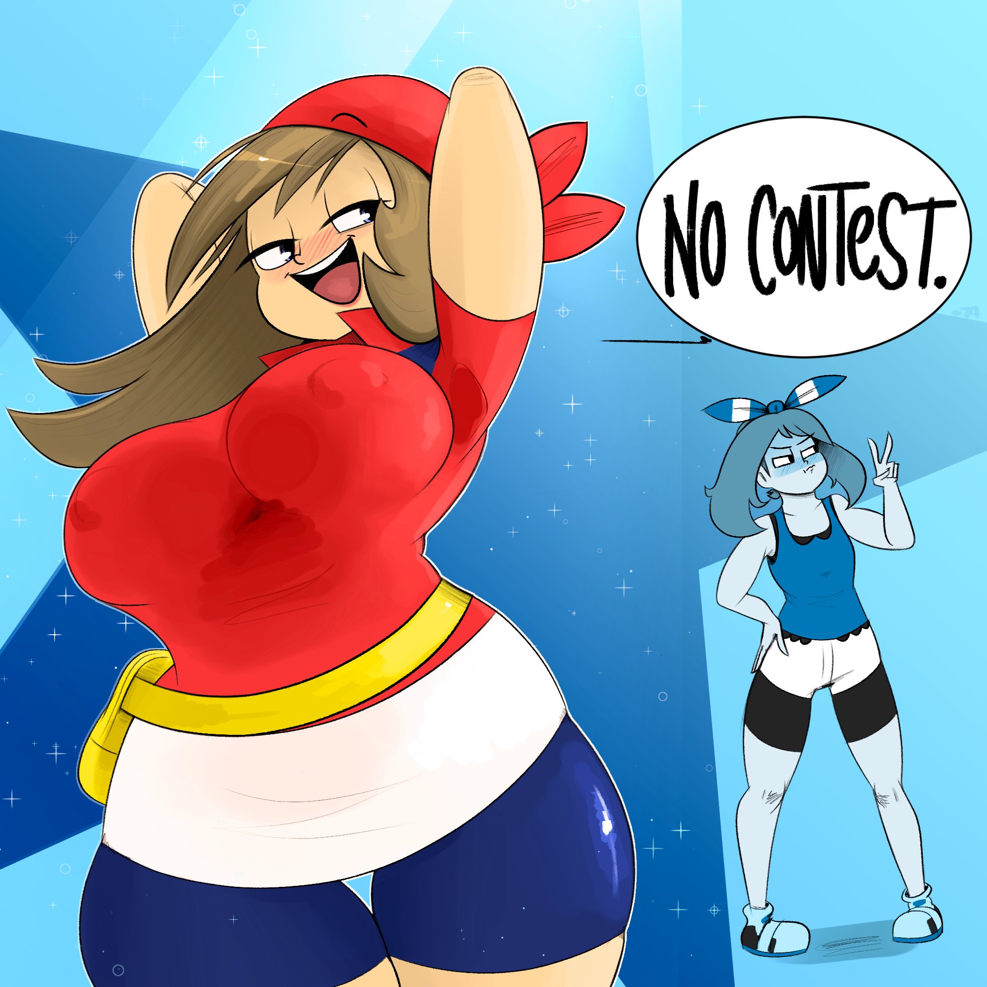 2girls, alternate breast size, arms behind head, arms up, big breasts, big thighs, breasts, brunette, curvy, cute, female, huge breasts, large breasts, may (pokemon oras), may (pokemon rs), may (pokemon), multiple females, multiple girls, nintendo, nipple bulge, nipples, open mouth, ota (artist), pokemon, pokemon oras, pokemon rse, shorts, text, thick, thick thighs, thin, thin waist, twintails, voluptuous