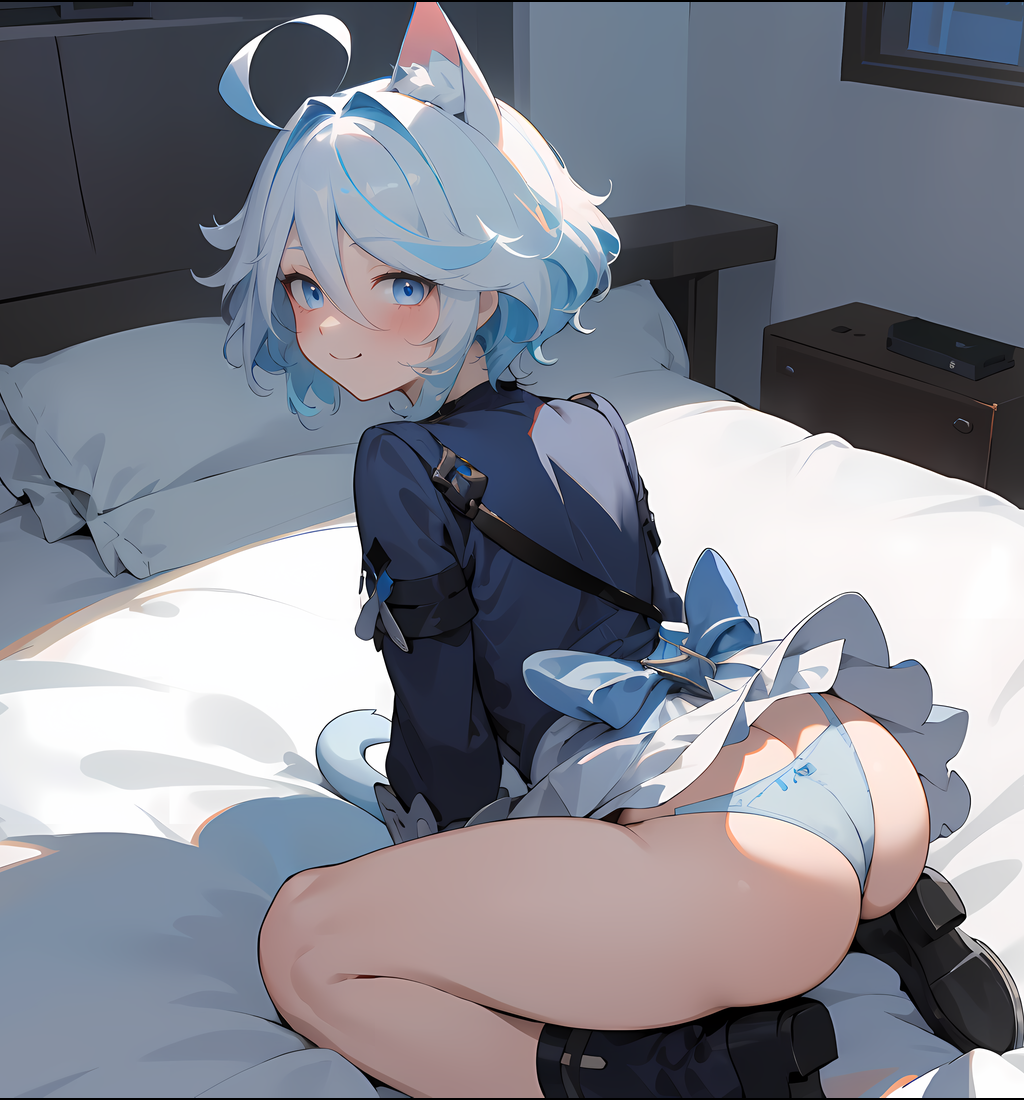 ahoge, ai generated, all fours, animal ears, ass, ass crack, ass focus, bed, blue eyes, blue hair, blush, boots, butt crack, cameltoe, cat ears, cat tail, come hither, female, from behind, furina (genshin impact), genshin impact, looking at viewer, multicolored hair, naughty face, panties, pussy, shiny, shiny hair, shiny skin, shirt, short hair, smile, solo, tail, wariza
