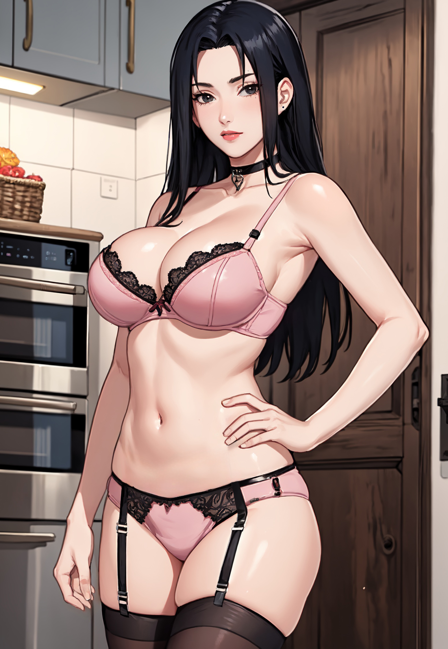 1girls, ai generated, alex-schura, big breasts, black eyes, black hair, bra, breasts, choker, cleavage, collar, curvaceous, curvy, curvy body, curvy female, curvy figure, female, female only, garter belt, garter straps, huge breasts, indoors, kitchen, large breasts, light skin, light-skinned female, lingerie, lingerie bra, lingerie panties, long hair, looking at viewer, mature, mature female, milf, nai diffusion, naruto, naruto (classic), naruto (series), naruto shippuden, necklace, paipan, pale skin, pale-skinned female, panties, pendant, solo, solo focus, stable diffusion, standing, stockings, uchiha mikoto, underwear, underwear only, very long hair, voluptuous, white skin