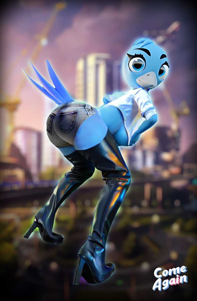 ai_generated animal_humanoid anthro ass avian big_breasts bird bird_legs black_eyes blue_body blue_feathers blue_hair chirper cities:_skylines clothed comeagainai feathers feet female female_only groping_breasts high_heels humanoid jeans looking_back sagging_breasts solo solo_female text thick_thighs twitter underboob