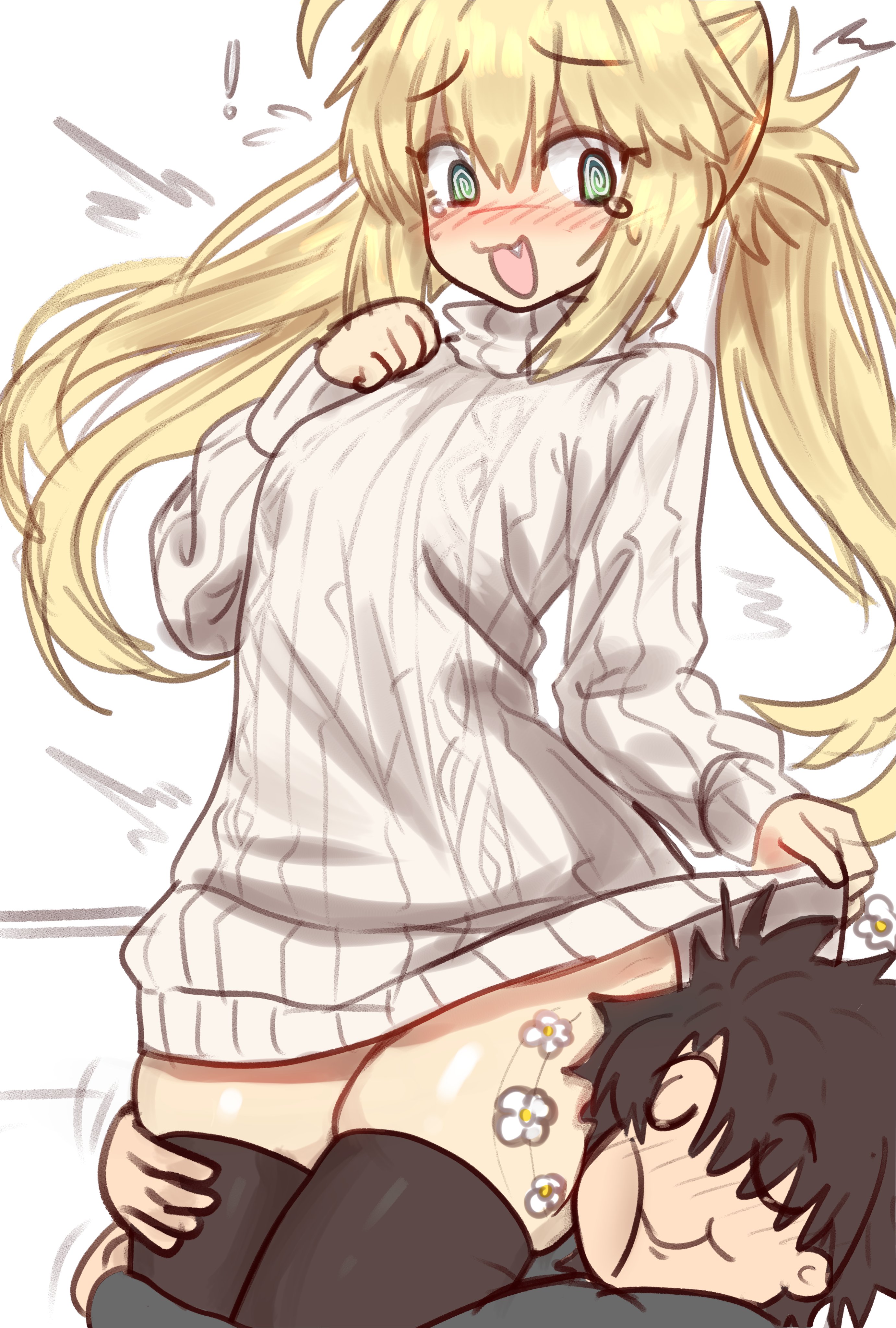 1girls, artoria caster (fate), artoria pendragon, artoria pendragon (caster), blonde hair, blush, cute fang, ebora, embarrassed, fate (series), fate/grand order, female, fujimaru ritsuka (male), green eyes, hi res, long hair, male, skindentation, thighhighs, thighs, twintails, white background, youngmanisdown
