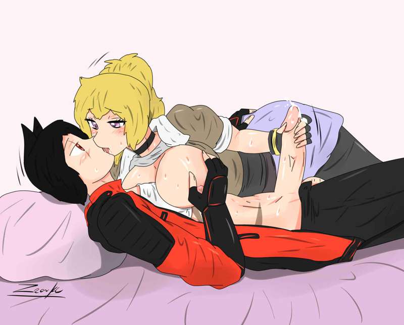 1boy 1girls black_hair blonde_female blonde_hair breasts cat_ears hand_on_breast handjob jin_satou kissing original_character purple_eyes rwby rwby_ice_queendom scar_across_eye shirt_lift yang_xiao_long zronku