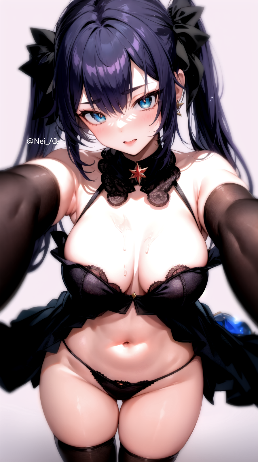 1girls ai_generated babydoll_lingerie black_hair blue_eyes female female_only genshin_impact gloves large_breasts looking_at_viewer mona_(genshin_impact) neirumi panties socks solo