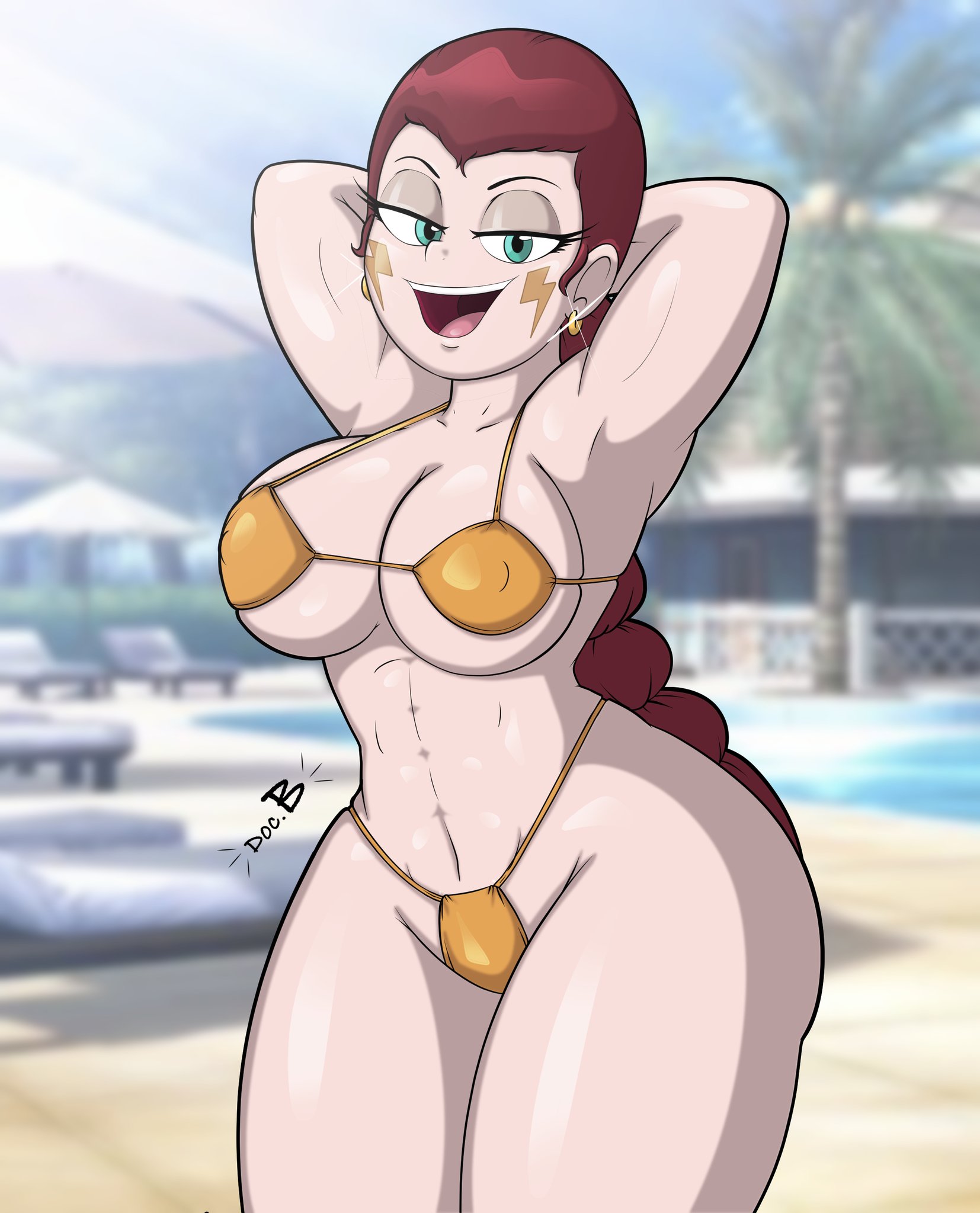 1girls, abdominals, biceps, bikini, bikini bottom, bikini top, bottomwear, curvy, curvy body, curvy female, curvy figure, disney, disney channel, disney xd, doc.b, female, female only, gilf, glasses, mature, mature female, milf, muscles, muscular, muscular female, non-nude, orange bikini, outdoors, outside, sea, six pack, solaria butterfly, star vs the forces of evil, taller female, topwear