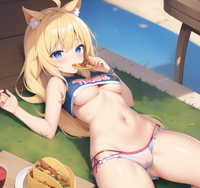 ai_generated blonde_hair blue_eyes cameltoe cat_ears catgirl eating laying_down long_hair taco underboob