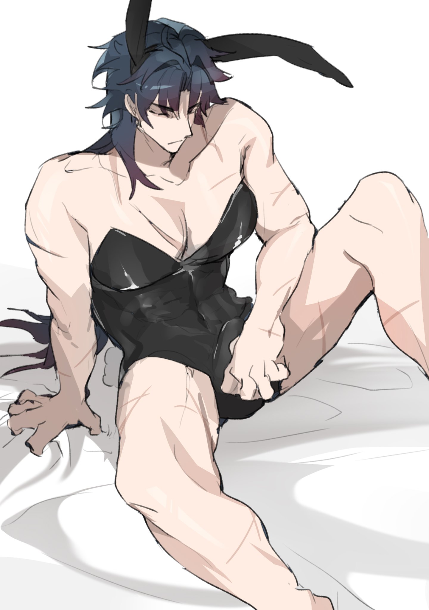 artist request, blade (honkai: star rail), bunny ears, bunnysuit, chest, closed eyes, erect penis, erection, erection under clothes, honkai: star rail, long hair, male, male focus, male only, muscular, muscular male, nobed, oakdams, pecs, pectorals, penis, solo, solo focus, solo male