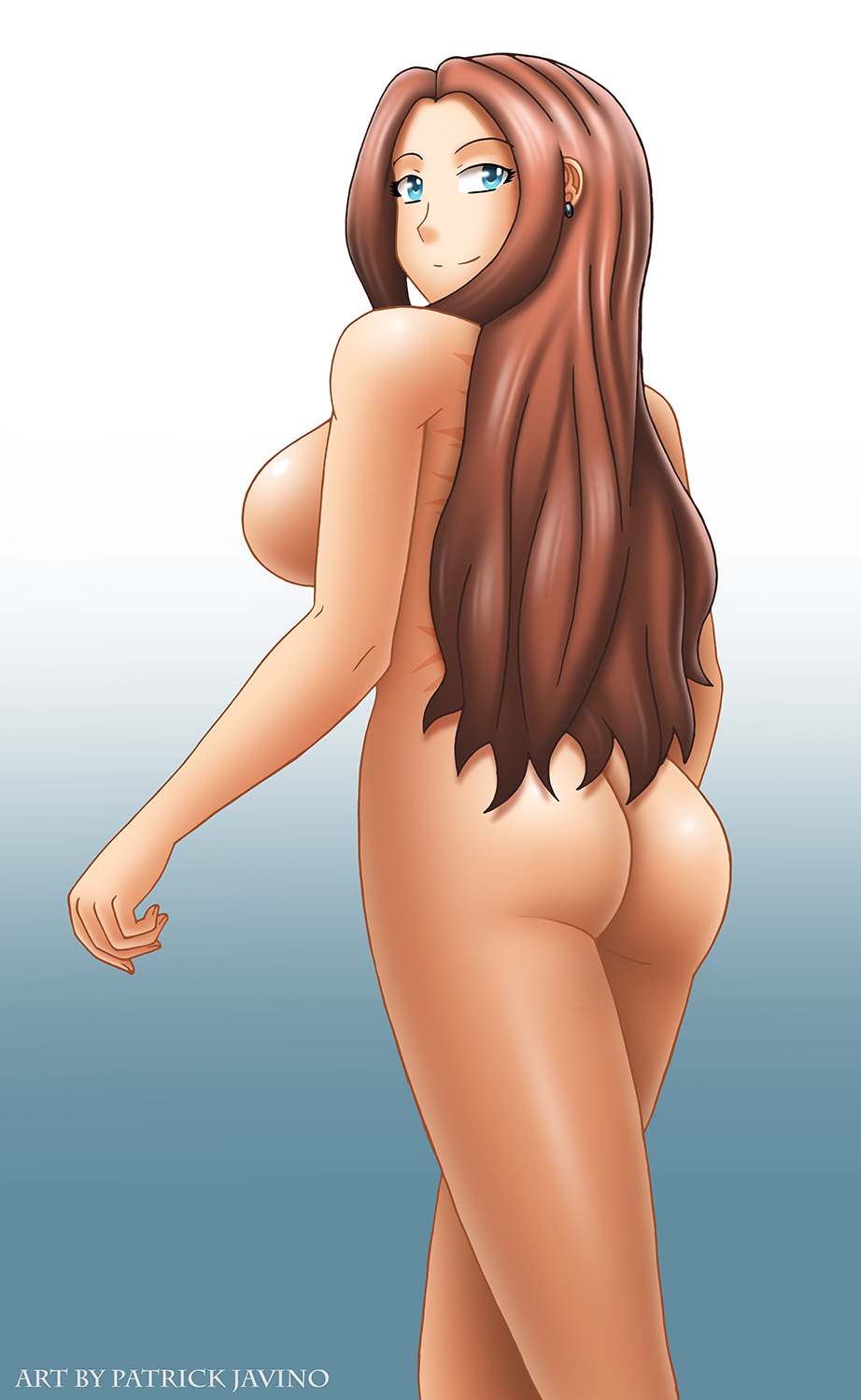 2015 ass blue_eyes breasts brown_hair earrings elizabeth_amberstone feet_out_of_frame looking_back no_visible_nipples scars scars_on_back sideboob simple_background smiling standing tagme waist_length_hair walkingdeadmann