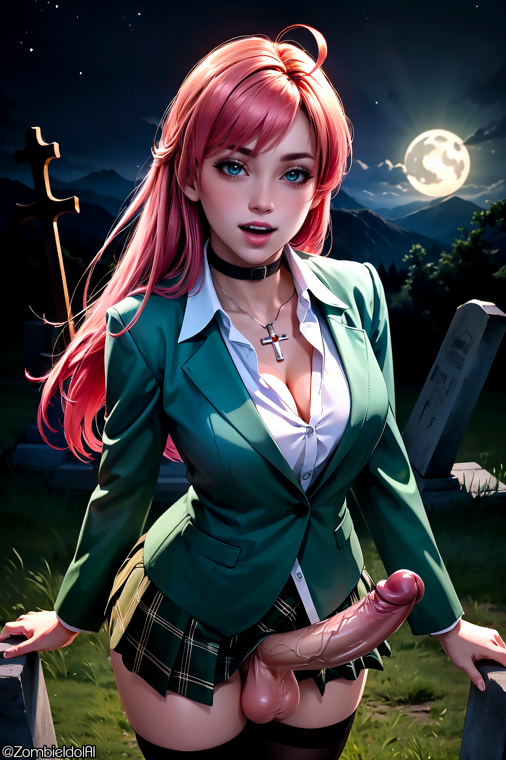 ai_generated akashiya_moka cute front_view fully_clothed futa_only futanari graveyard green_eyes jacket light-skinned_futanari light_skin long_hair moon moonlight outdoors pink_hair plaid_skirt rosario+vampire school_uniform skirt solo solo_focus testicles thighhighs vampire veiny_penis zombieidolai