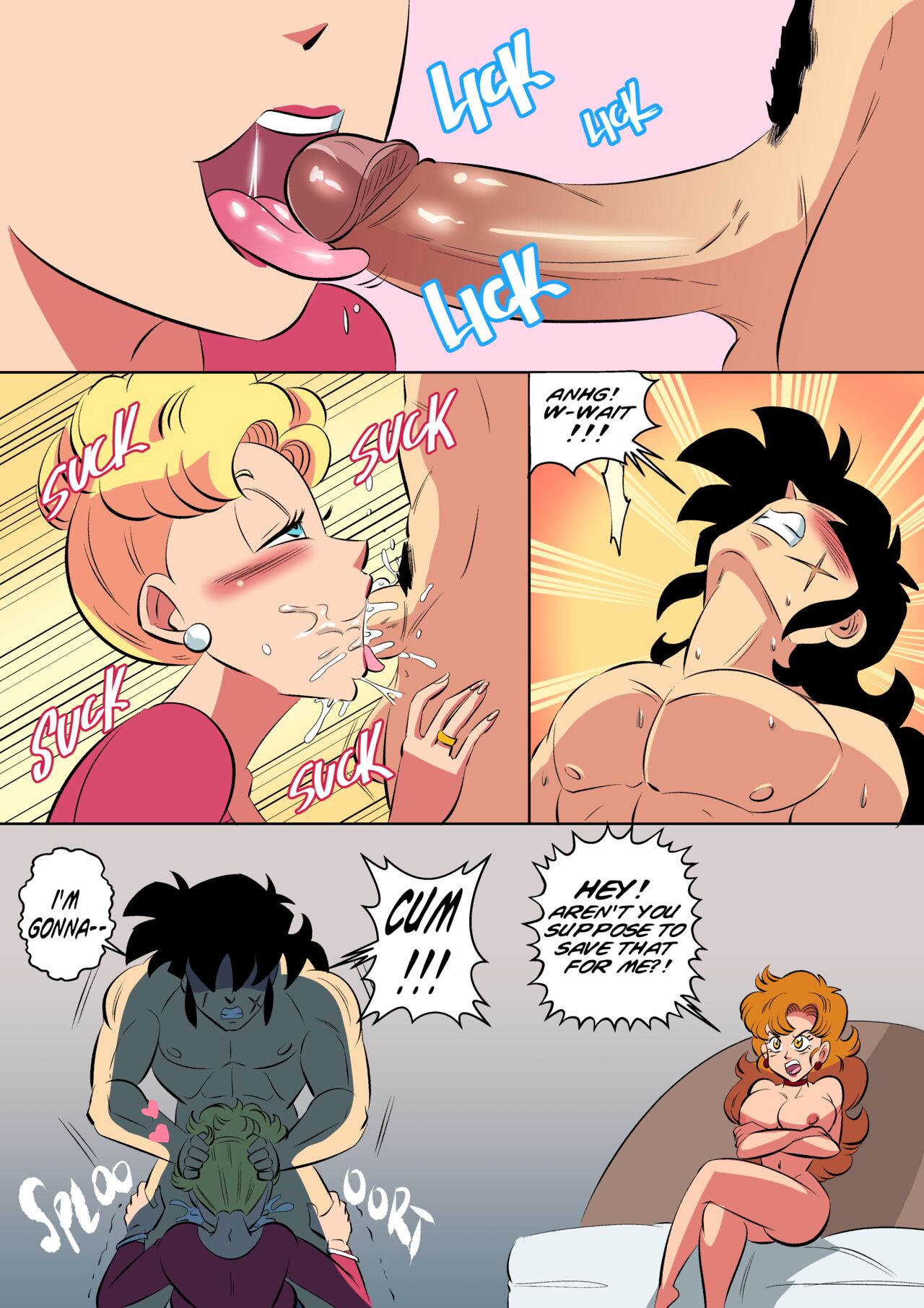 1boy 1boy1girl 2girls bed big_penis bikini_(dragon_ball) black_hair blonde_hair blue_eyes blush choker clothed_female_nude_male comic crossed_legs cum cum_in_mouth cumming daughters_ex deepthroat dragon_ball dragon_ball_z earrings english_text ex-girlfriends_mother fellatio female funsexydragonball girlfriends_mother head_grab legs_crossed long_hair male miss_piiza muscular muscular_male naked_female naked_male nipples older_female oral oral_sex orange_hair panchy panchy_(dragon_ball) panchy_briefs penis sitting sucking_penis text yamcha younger_male