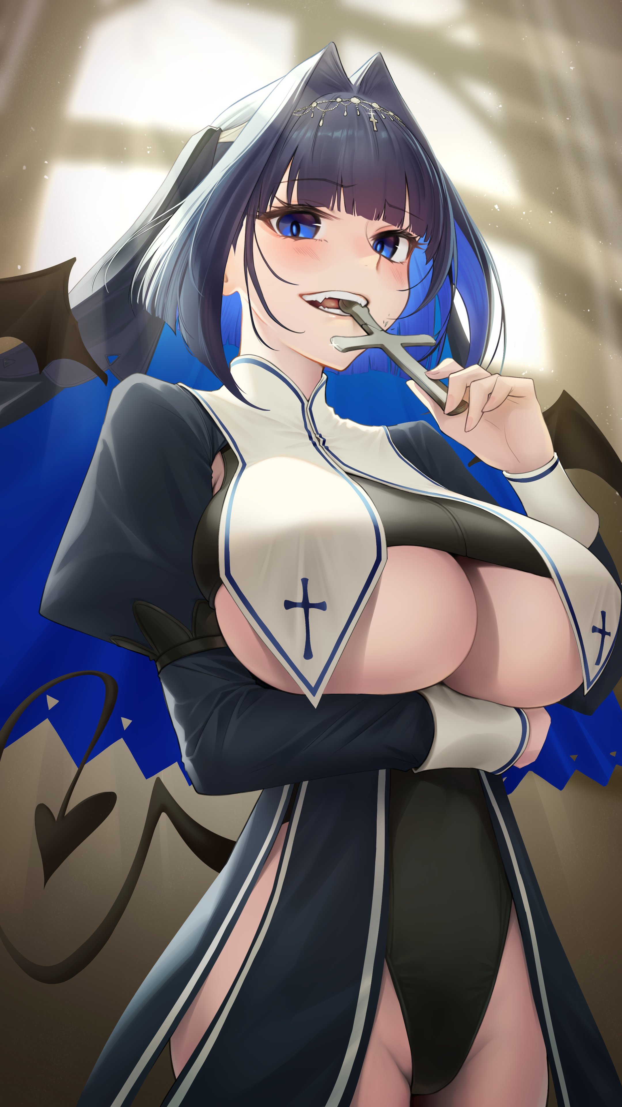 2023, 2d, 2d (artwork), 5 fingers, big breasts, big thighs, biting, blue eyes, breasts, cleavage, cross, cute fang, female, female only, hi res, highres, hips, hololive, hololive english, hololive english -council-, hololive english -promise-, large breasts, leotard, light skin, light-skinned female, looking at viewer, nipple bulge, nun, nun outfit, oerba yun fang, ouro kronii, sharp teeth, skimpy, skimpy clothes, solo, solo female, solo focus, somebody, somebody (leiking00), spade tail, tail, thick thighs, thighs, underboob, virtual youtuber, wide hips, wings