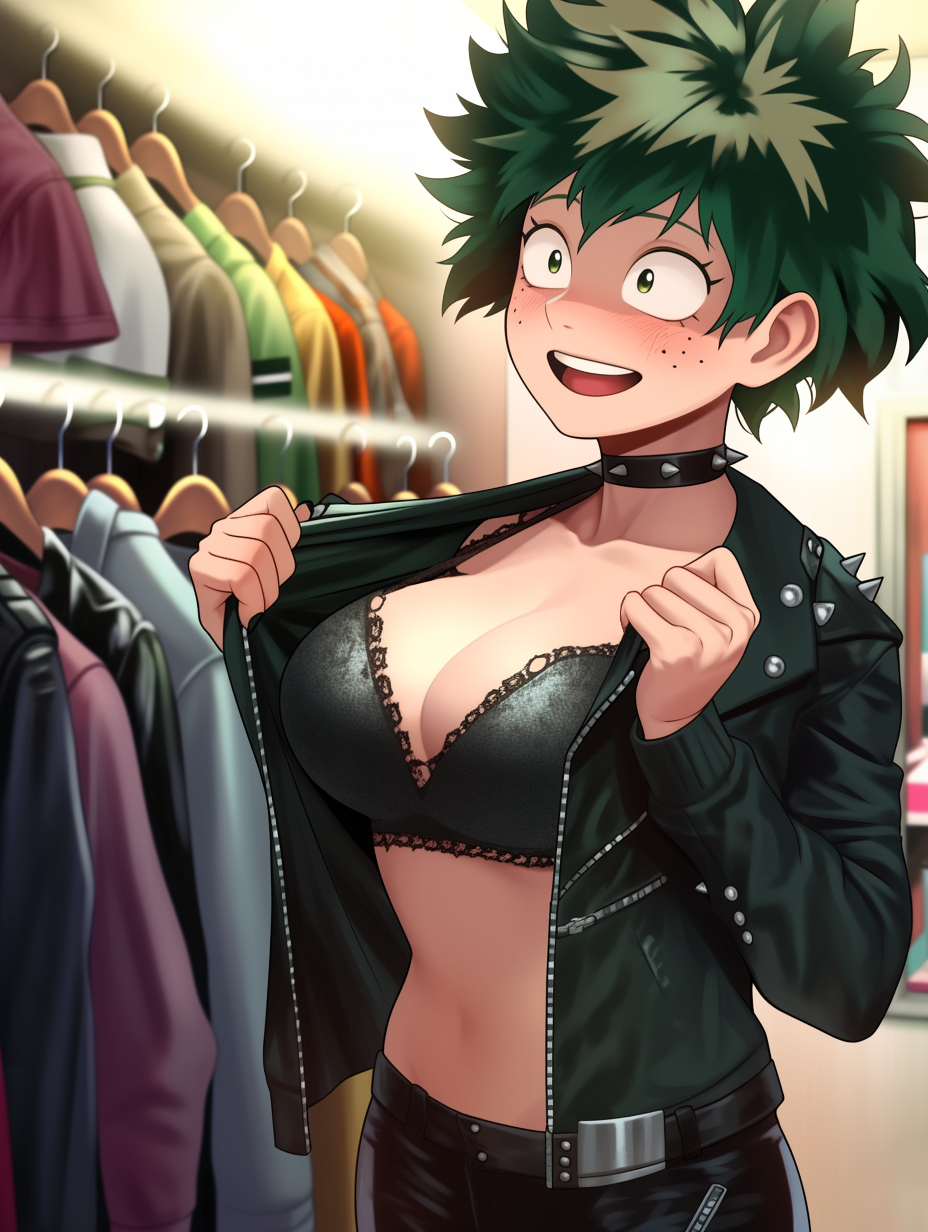 abs ai_generated black_clothing black_topwear choker cleavage collar crop_top female female_deku female_focus female_only fully_clothed genderswap green_hair hands_on_hips izuku_midoriya krystalizedart large_breasts leather_jacket light-skinned_female midriff my_hero_academia rule_63 short_hair sleeveless sleeveless_shirt spiked_collar sweat tank_top teeth teeth_clenched teeth_showing thin_waist toned toned_belly toned_body toned_female toned_stomach