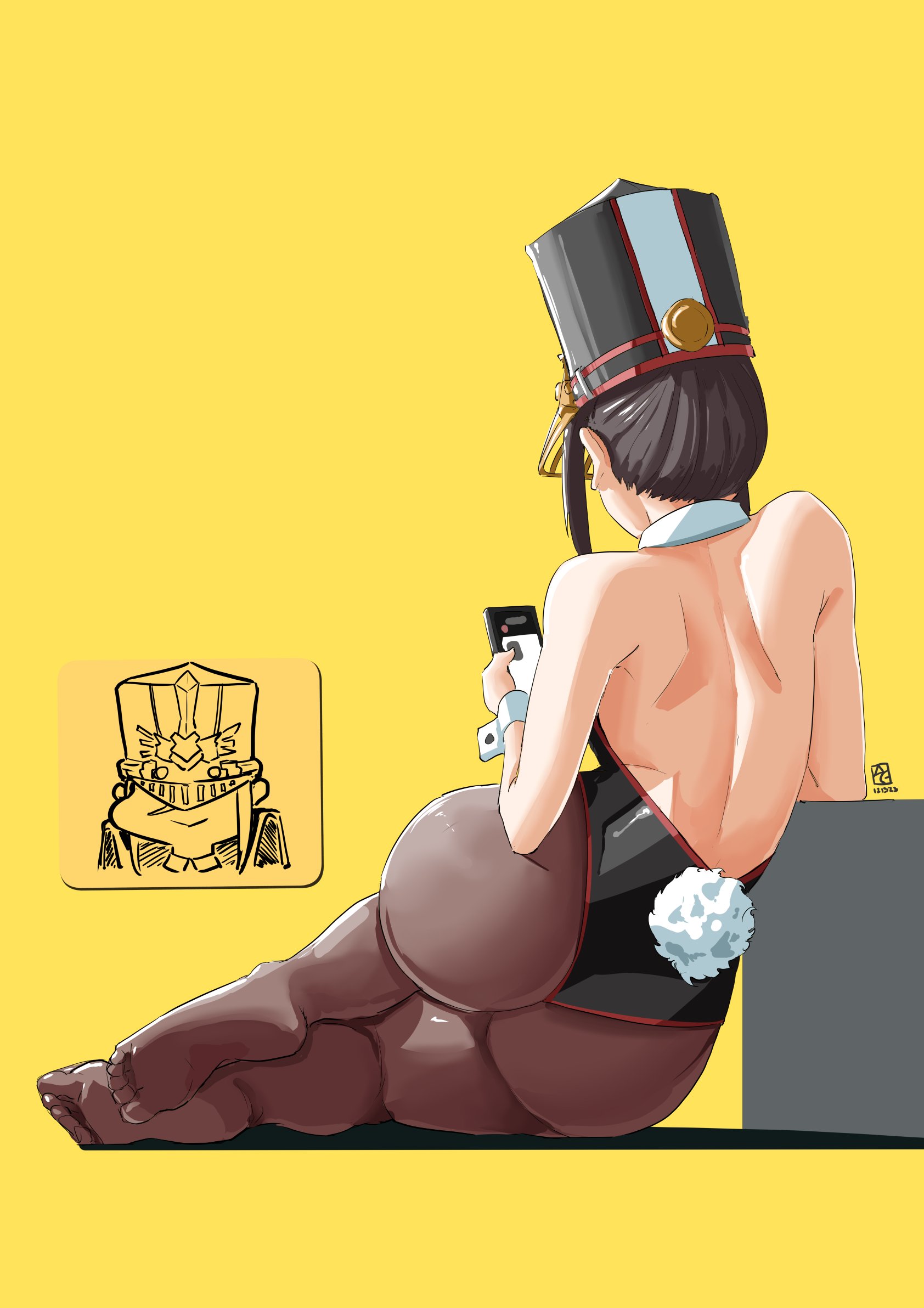 ass, automatic giraffe, bare back, bunny costume, bunny girl, bunny tail, bunnysuit, dark hair, feet, feet together, female, hat, legs together, morag ladair (xenoblade), pantyhose, thick ass, thick thighs, xenoblade (series), xenoblade chronicles 2