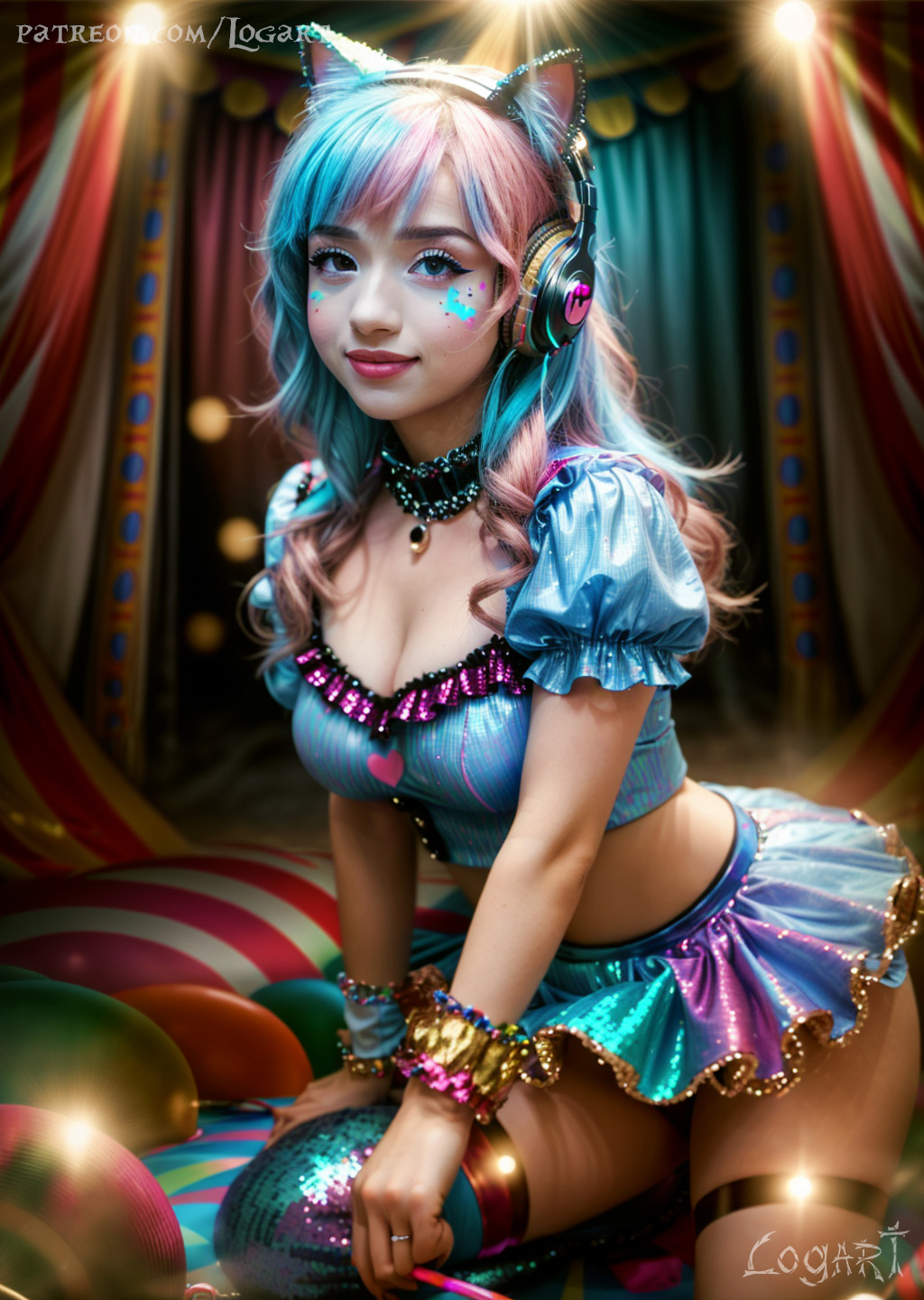 1girls ai_generated big_breasts cat_ears celebrity circus cleavage egirl female female_only festive headphones heart hourglass_figure hyperrealistic jewel jewelry leak logart pearls pokimane real_person sensitive sequins shiny smile smiling solo stable_diffusion twitch twitch.tv youtube