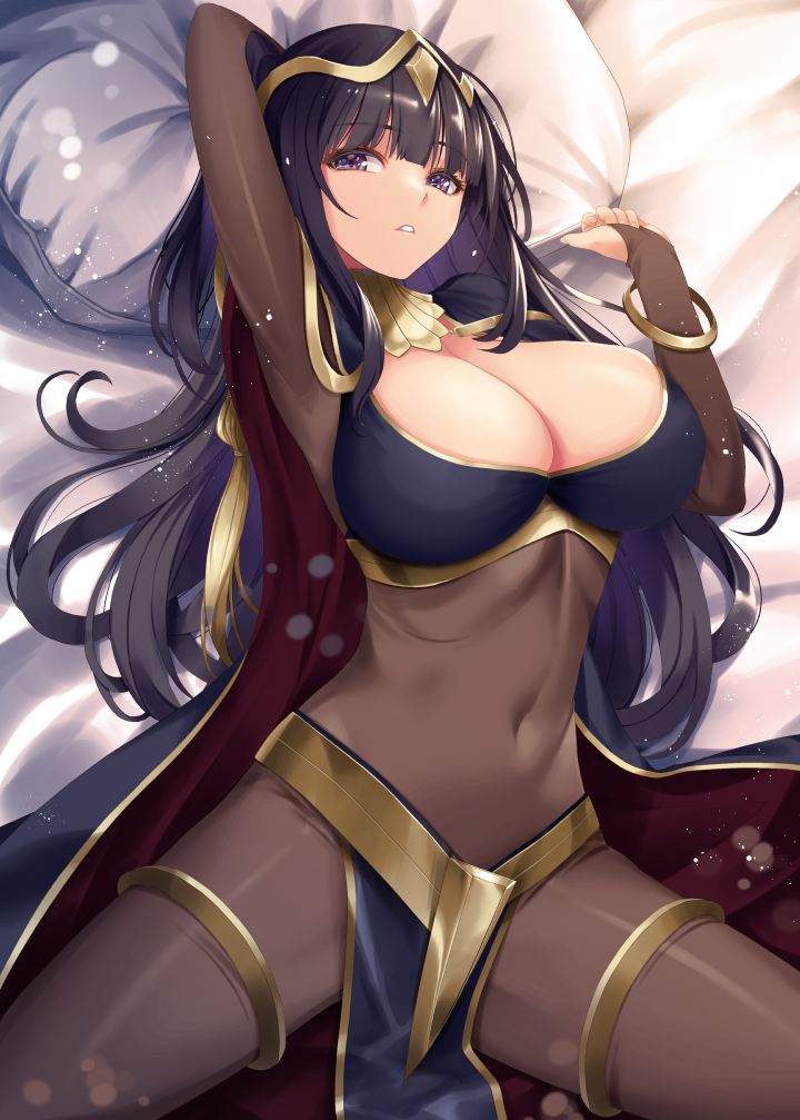 1girls armpits arms_up bed_sheet black_cape black_hair blunt_bangs bodystocking bracelet breasts bridal_gauntlets cape circlet cleavage commentary_request covered_navel cowboy_shot female female female_only fire_emblem fire_emblem_awakening jewelry kirishima_satoshi large_breasts long_hair looking_at_viewer lying neck_ring nintendo on_back paid_reward_available parted_lips pelvic_curtain pillow pillow_grab purple_eyes red_cape shadow sidelocks solo tharja_(fire_emblem) thighlet two-sided_cape two-sided_fabric two-tone_cape two_side_up